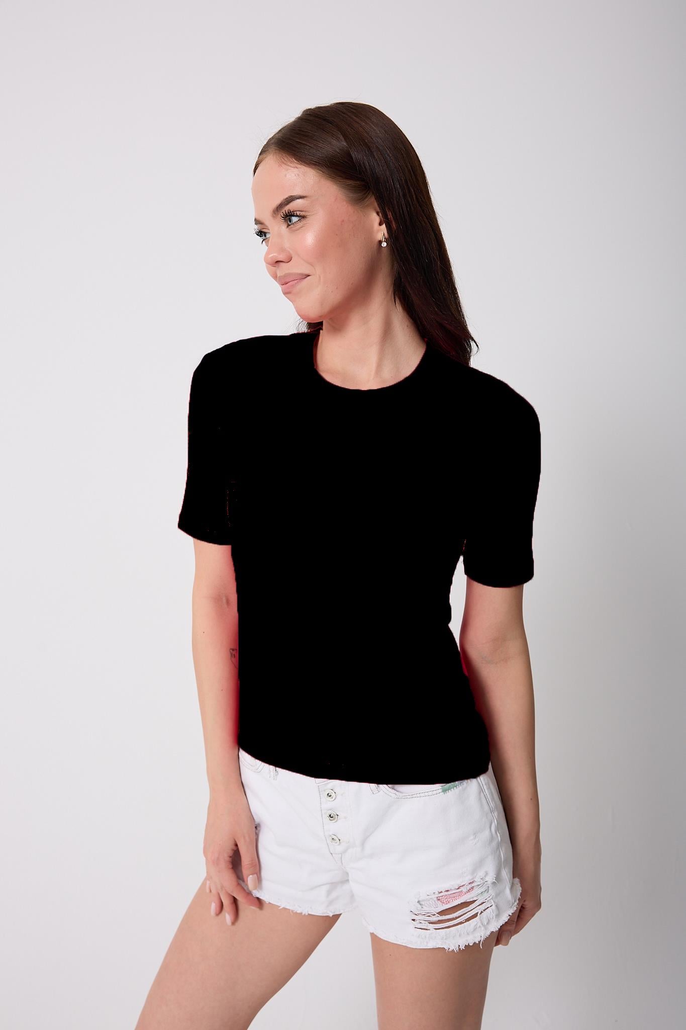 Kadın Siyah Likralı Yarım Kollu Basic T-shirt - 2524