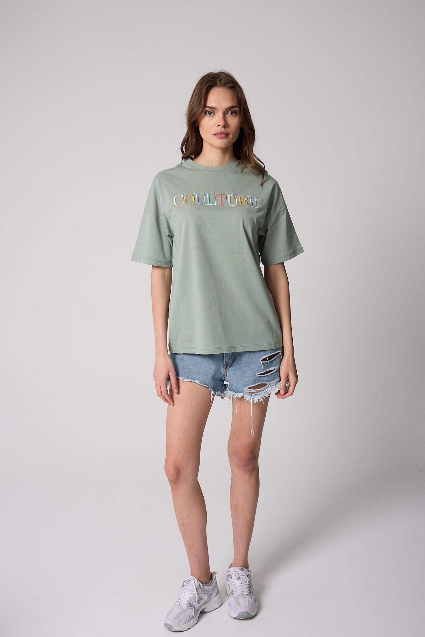 Kadın T-Shirt Yeşil Culture Nakışlı Oversize Basic - 2508