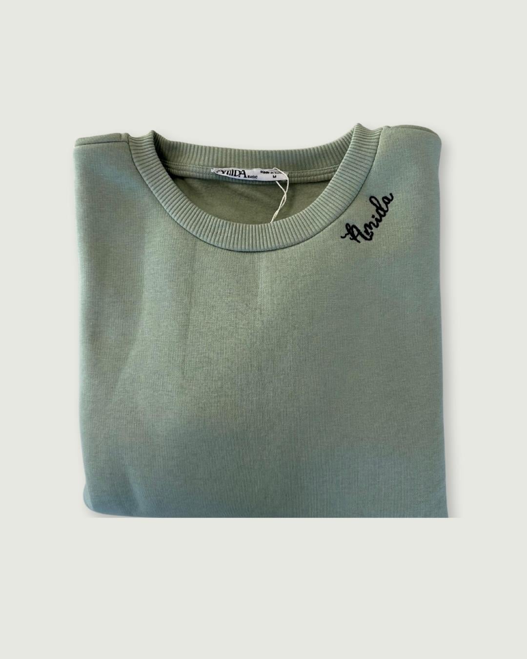 Kadın Yeşil Bisiklet Yaka Minimal Nakışlı Sweatshirt - 2532