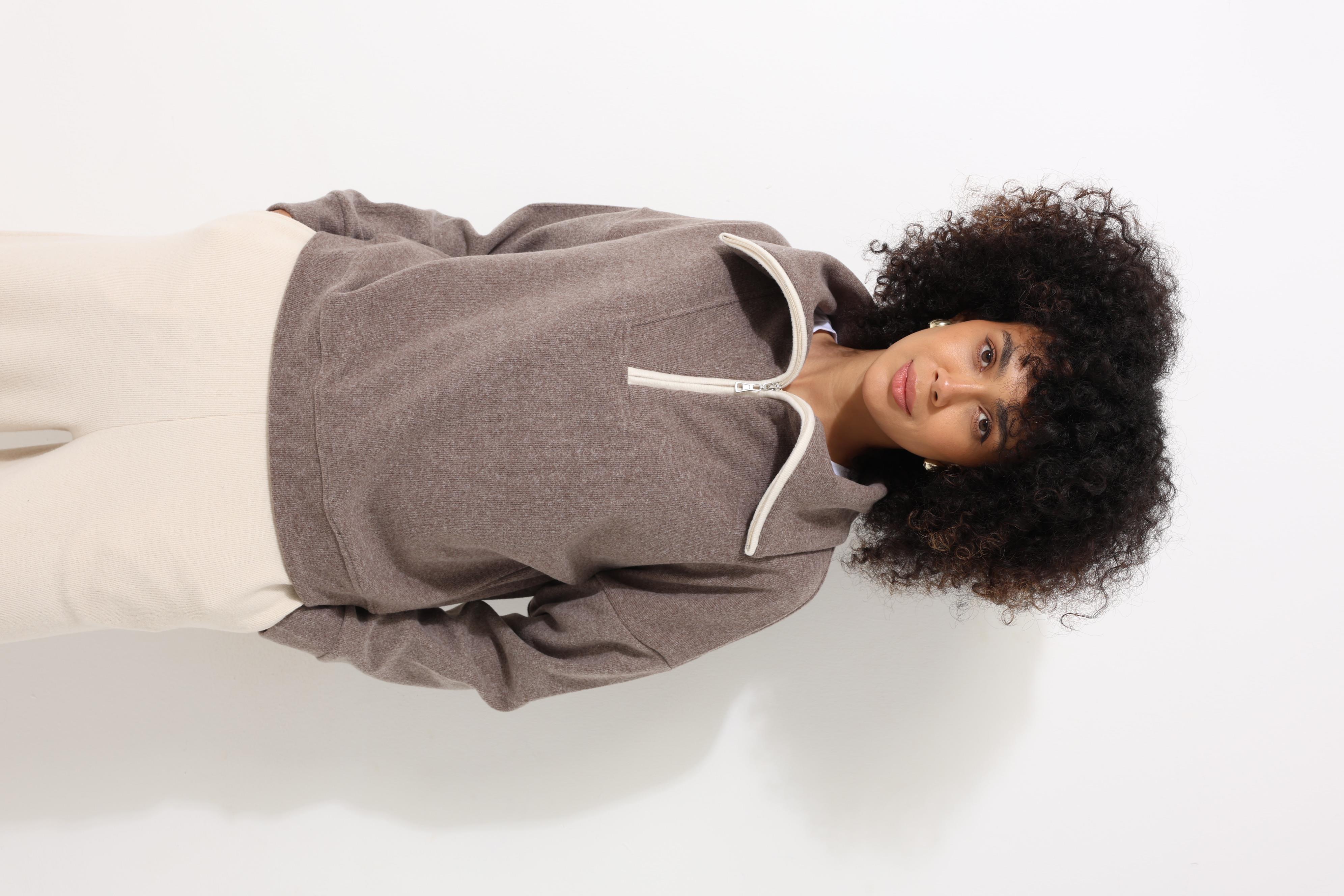 Kahverengi Selanik Kumaş Şal Yaka Oversize Fermuarlı Kadın Sweatshirt - 2441