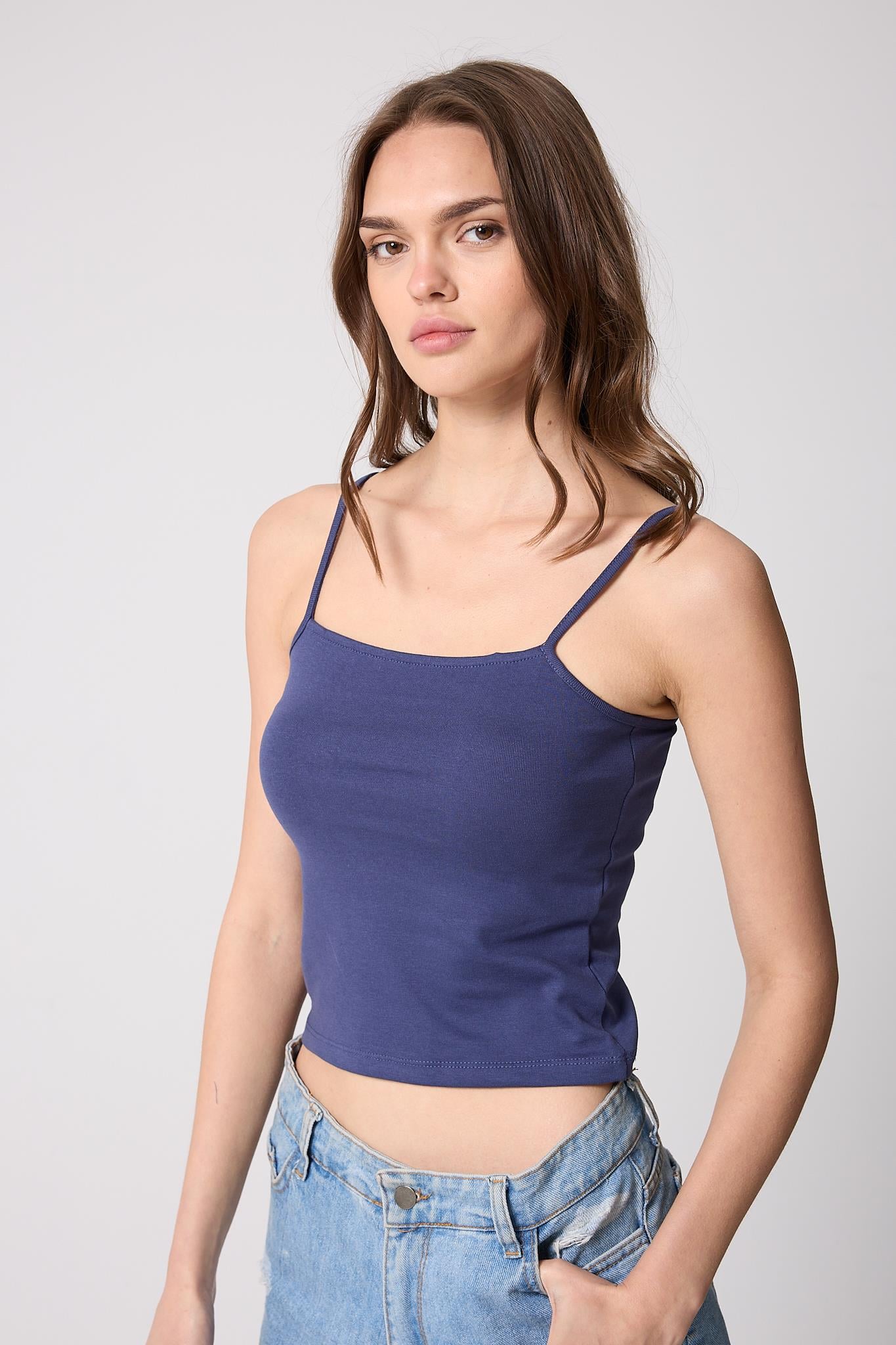 Lacivert Kadın Ince Ip Askılı Basic Crop Atlet -2466