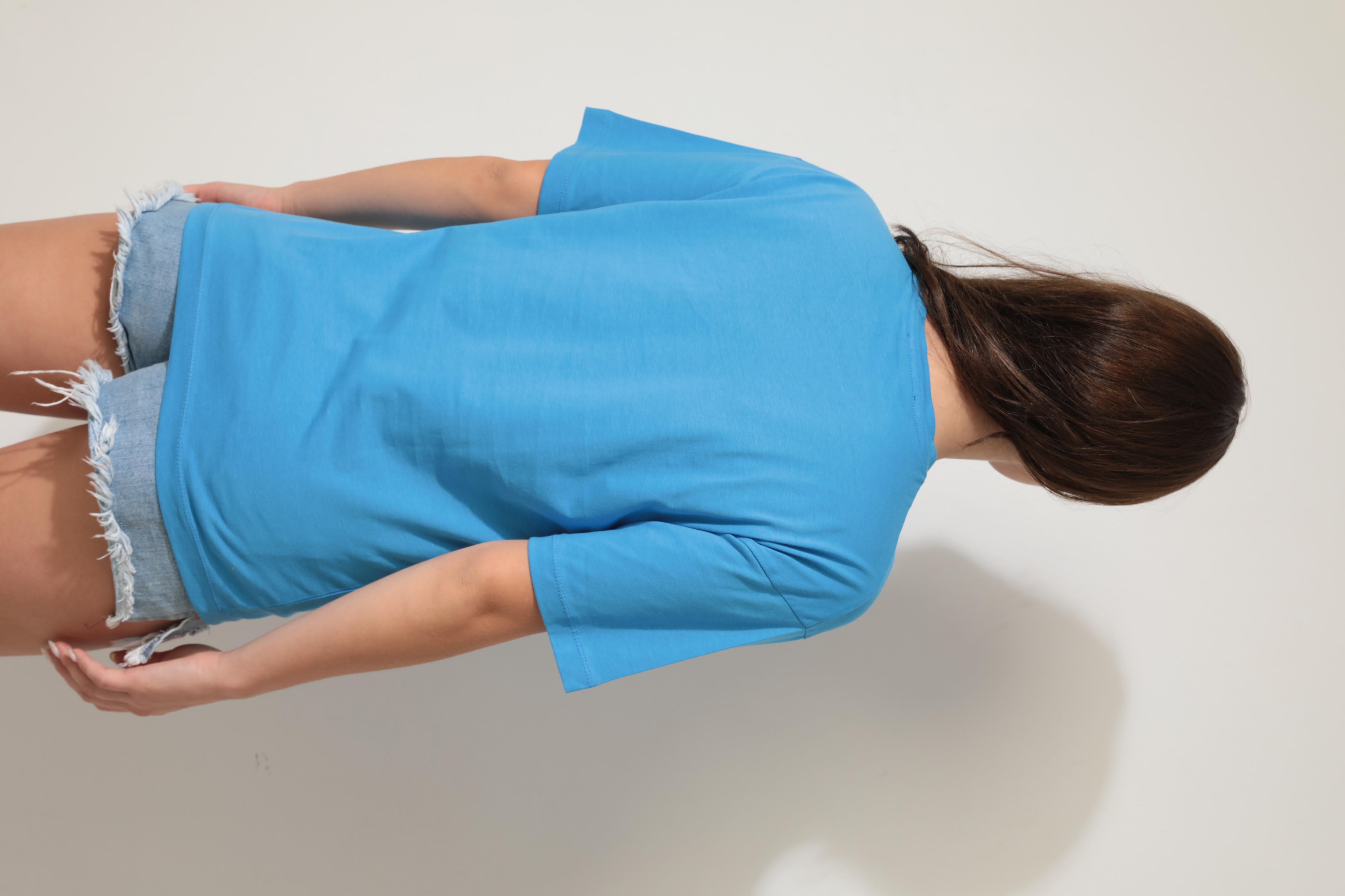 Mavi Önü Leylek Nakışlı Bisiklet Yaka Oversize Kısa Kollu Kadın T-shirt- 2421