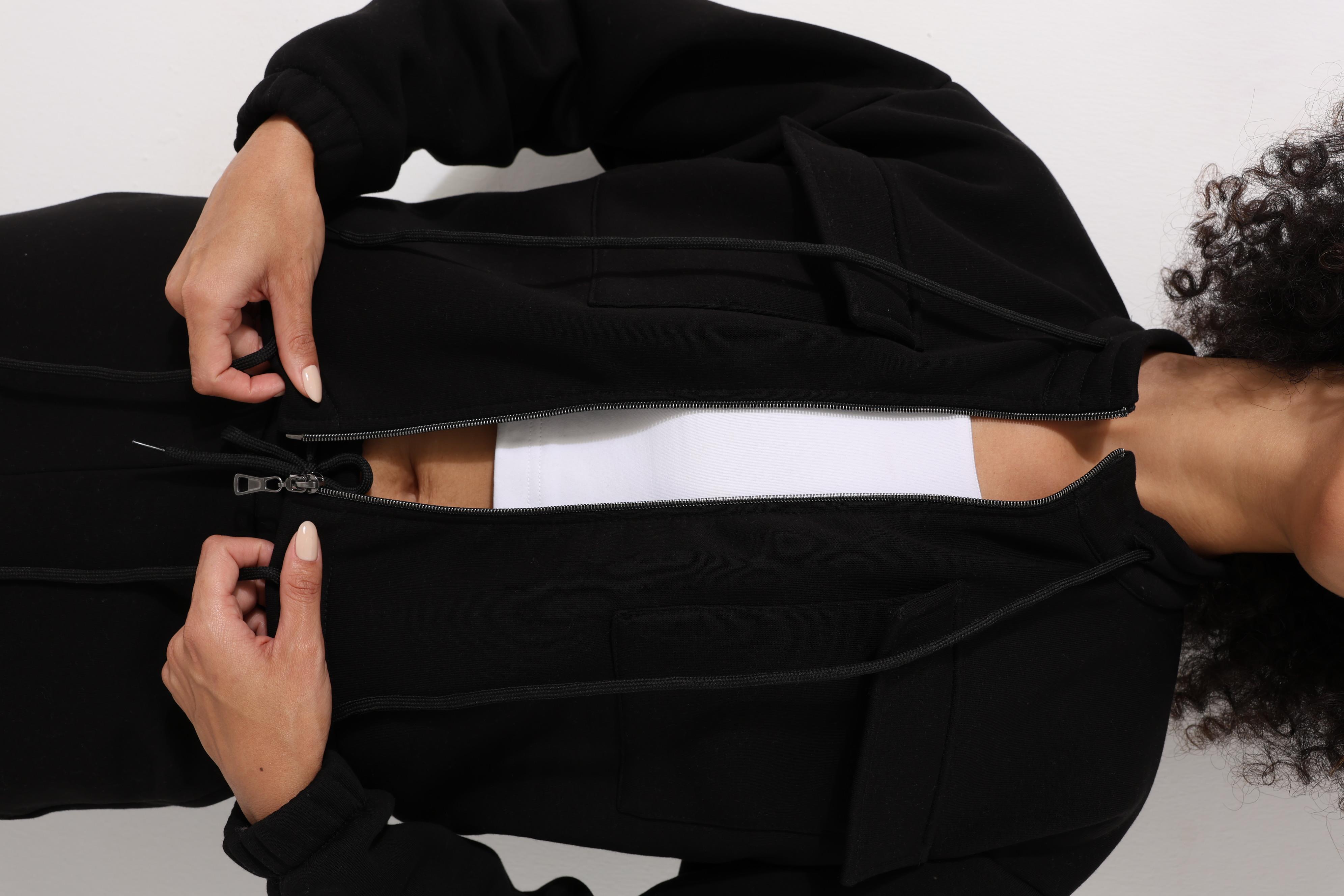 Siyah Yüksek Yaka Crop Ceketli Jogger Pantolonlu Kadın Eşofman İkili Takım - 2455