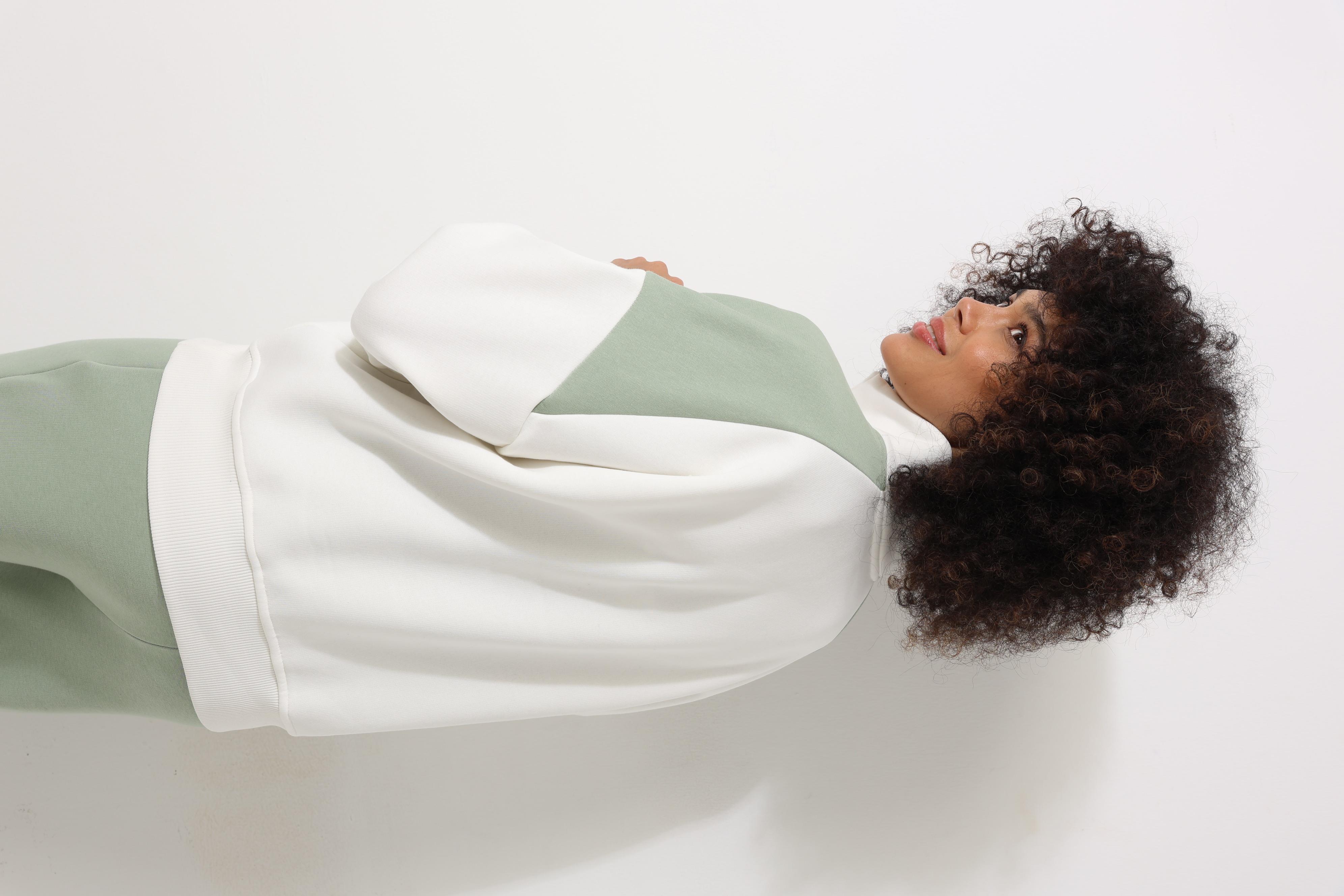 Yeşil Kadın Yarım Balıkçı Yaka Fermuarlı Blok Parçalı Nakış Detaylı Oversize Sweatshirt - 2451