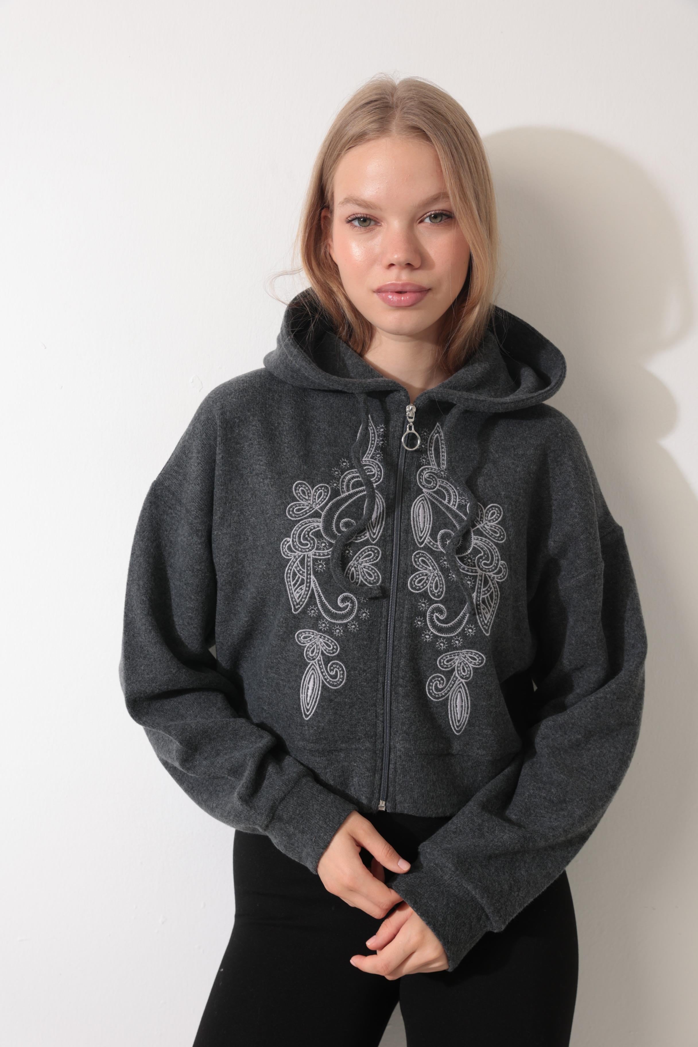 Antrasit Önü Nakış İşlemeli Fermuarlı Kapüşonlu Selanik Hırka - 2434