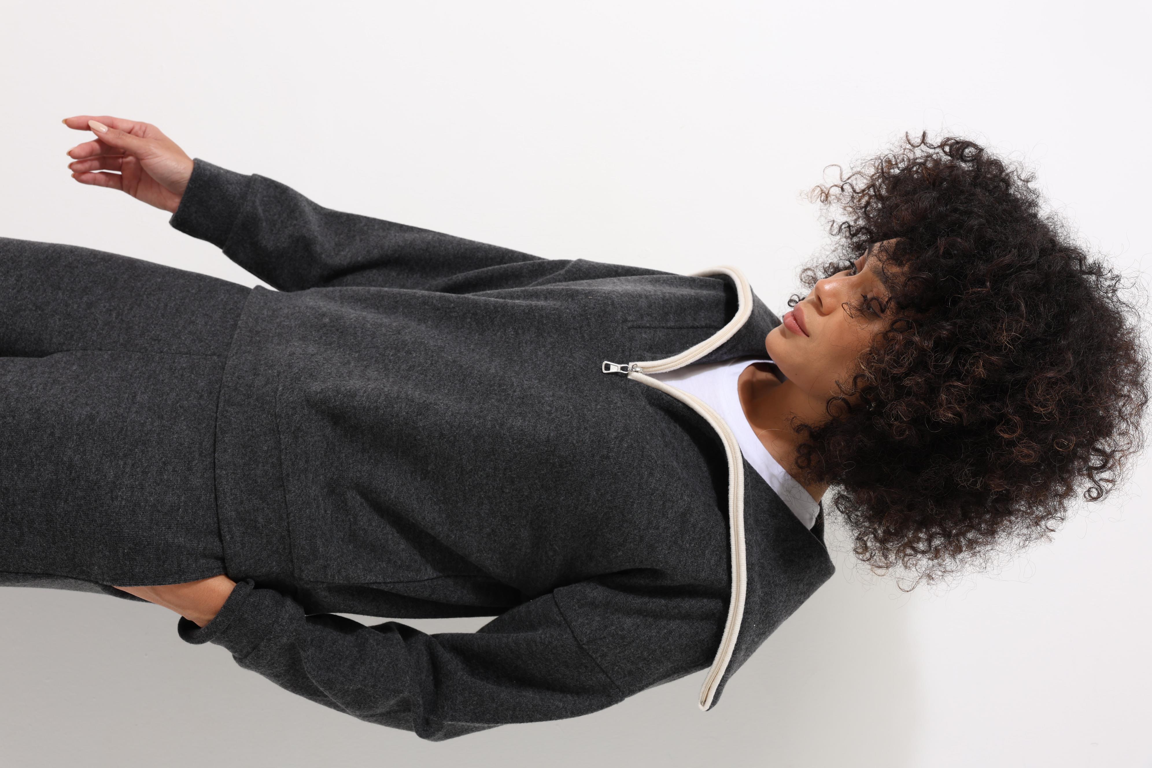 Antrasit Selanik Kumaş Şal Yaka Oversize Fermuarlı Kadın Sweatshirt - 2441