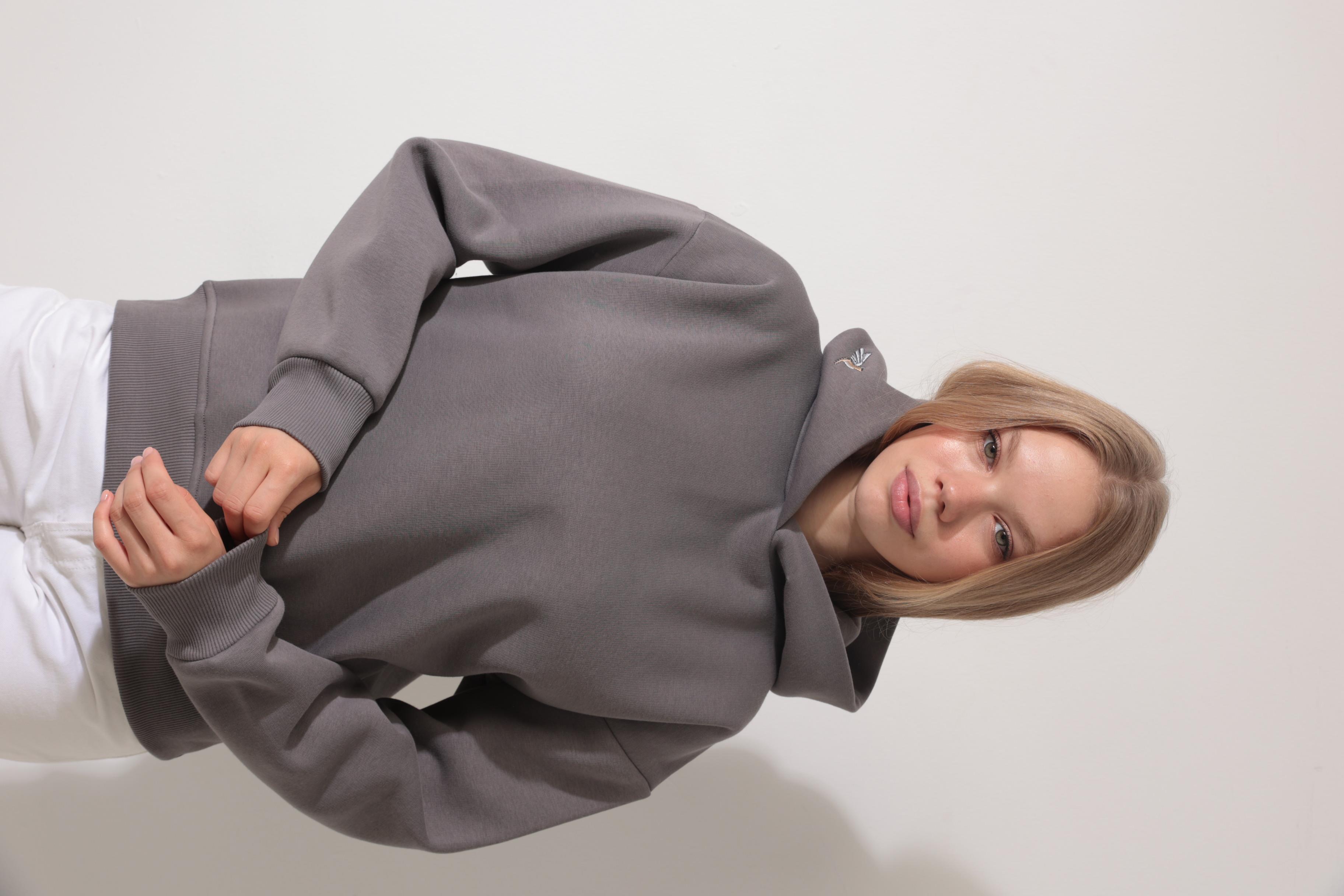 Antrasit Sırtı ve Kapüşonu Ankakuşu Nakış İşlemeli Kapüşonlu Sweatshirt - 2437