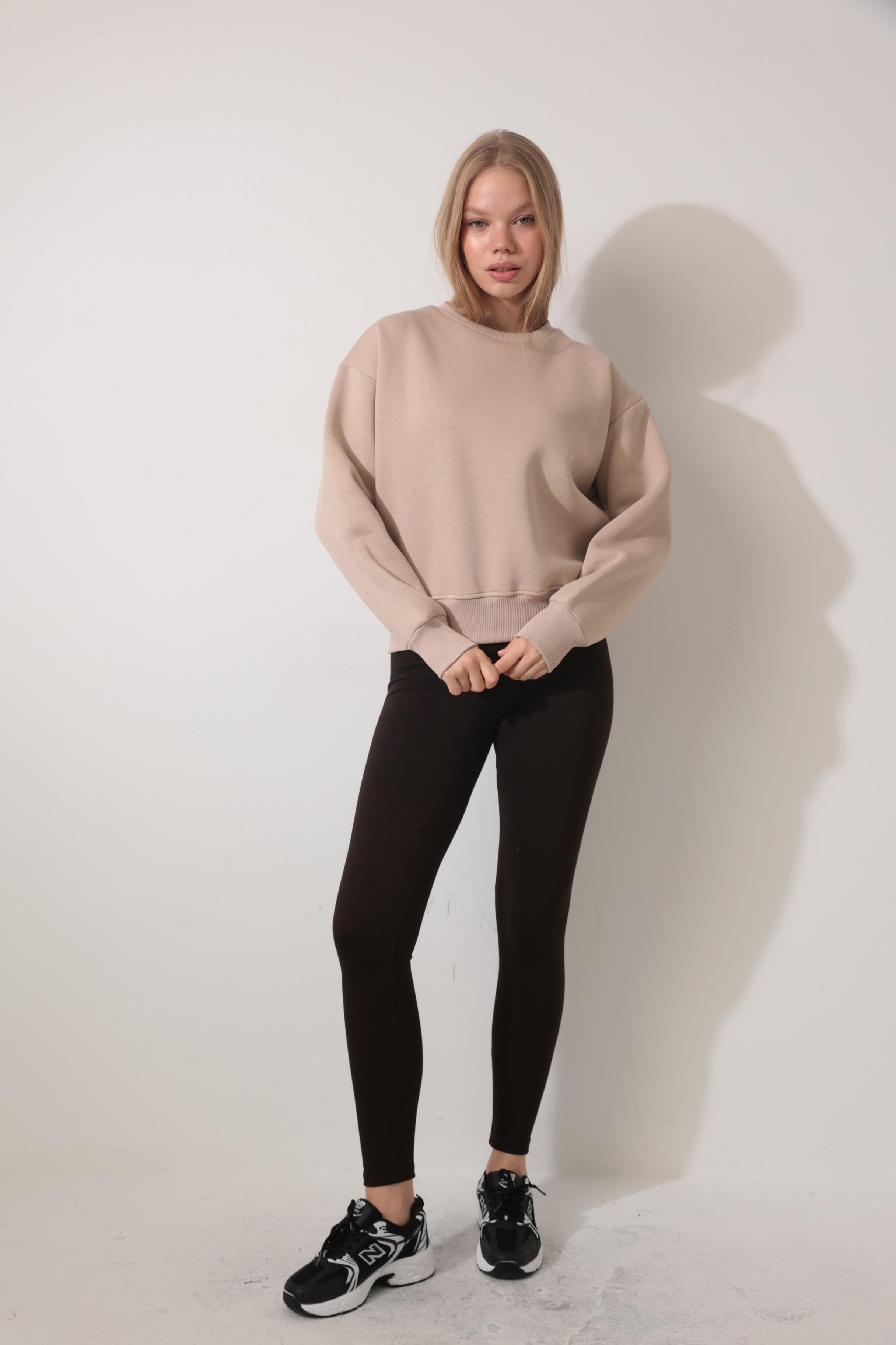 Bej Arkası Gül Nakışlı Bisiklet Yaka Sweatshirt - 2432