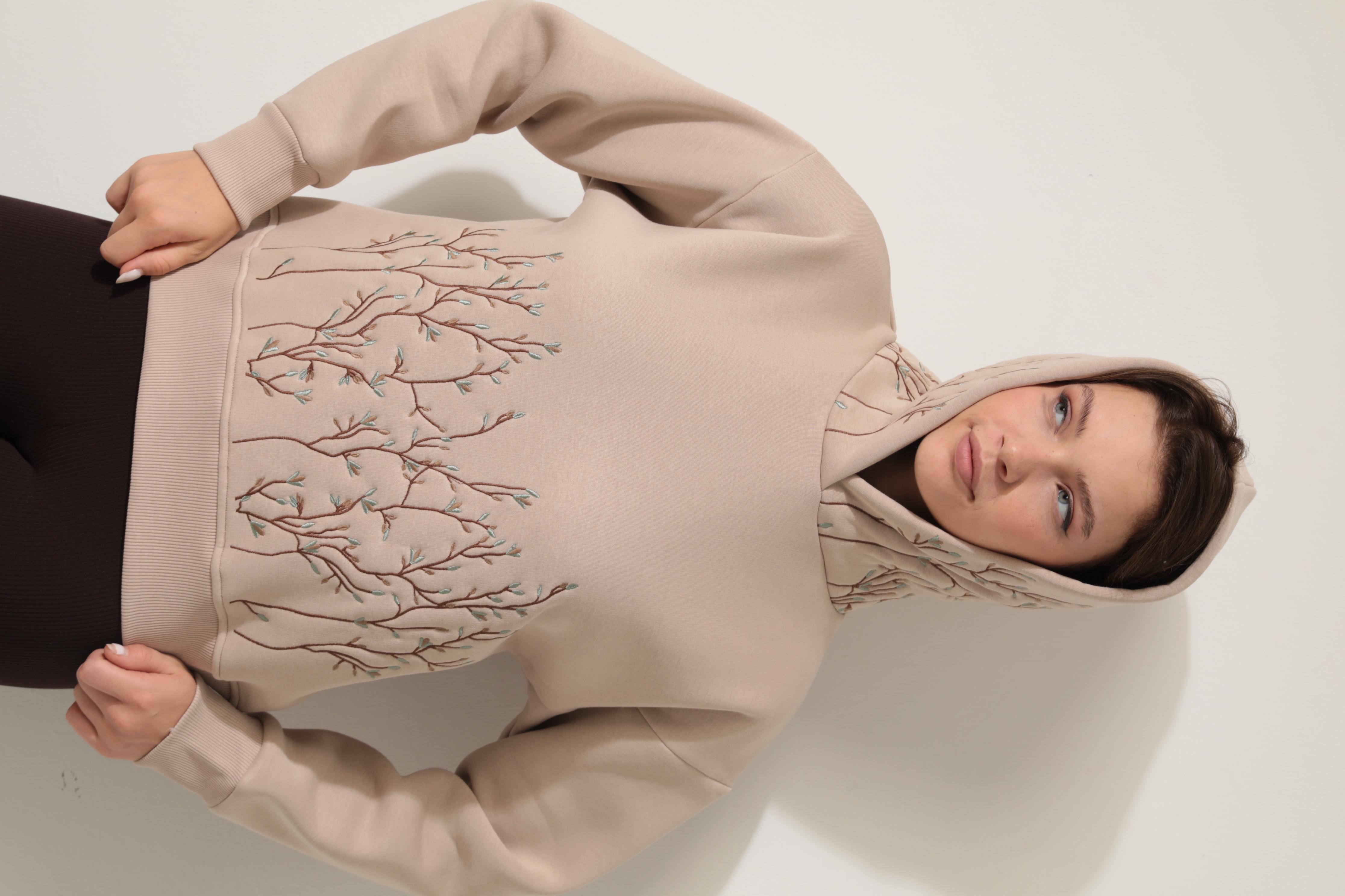 Bej Önü ve Kapüşonu Dal Nakışlı Kapüşonlu Sweatshirt - 2429