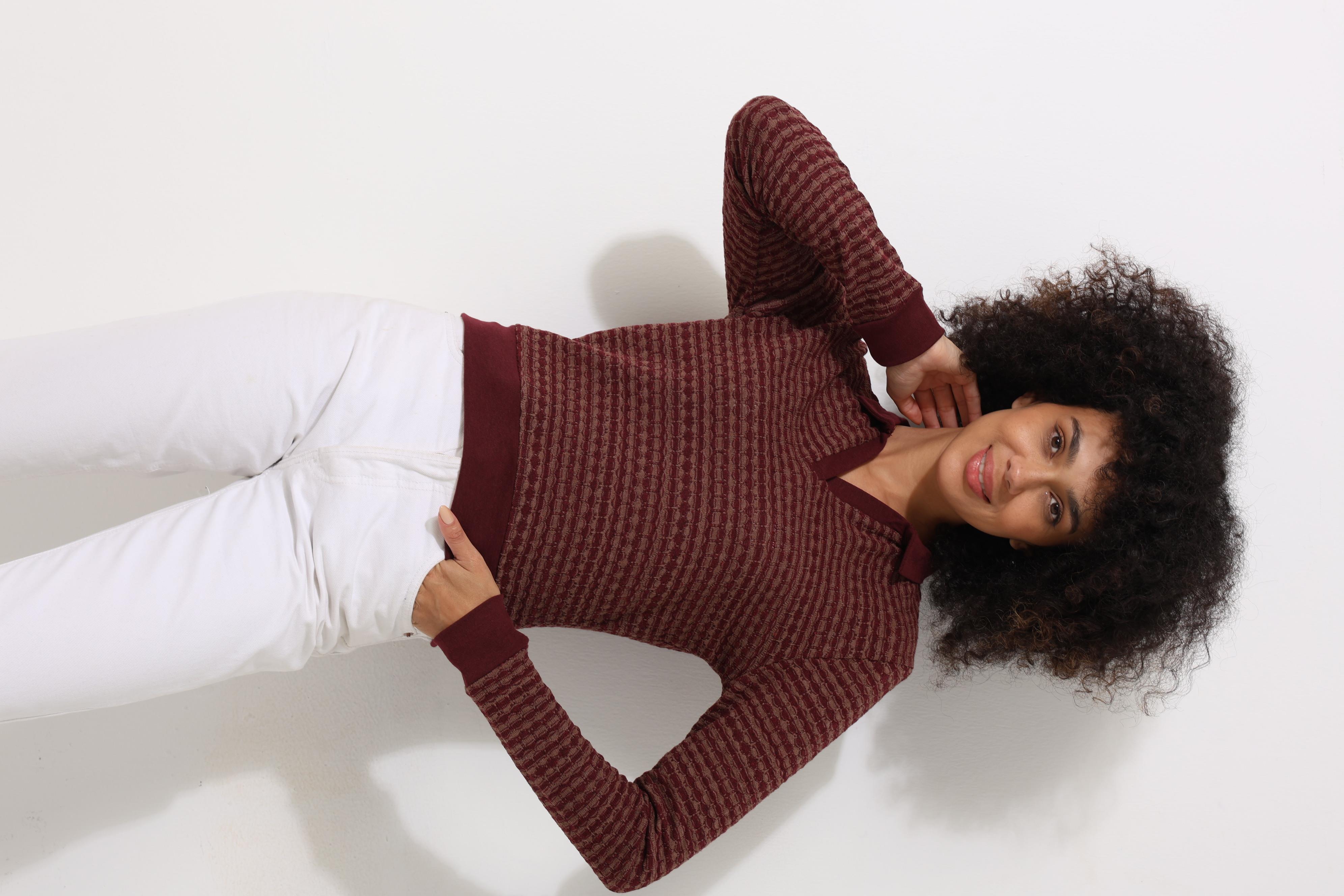 Bordo Jakarlı Örgü Desenli Polo Yaka Uzun Kollu Kadın Bluz - 2445