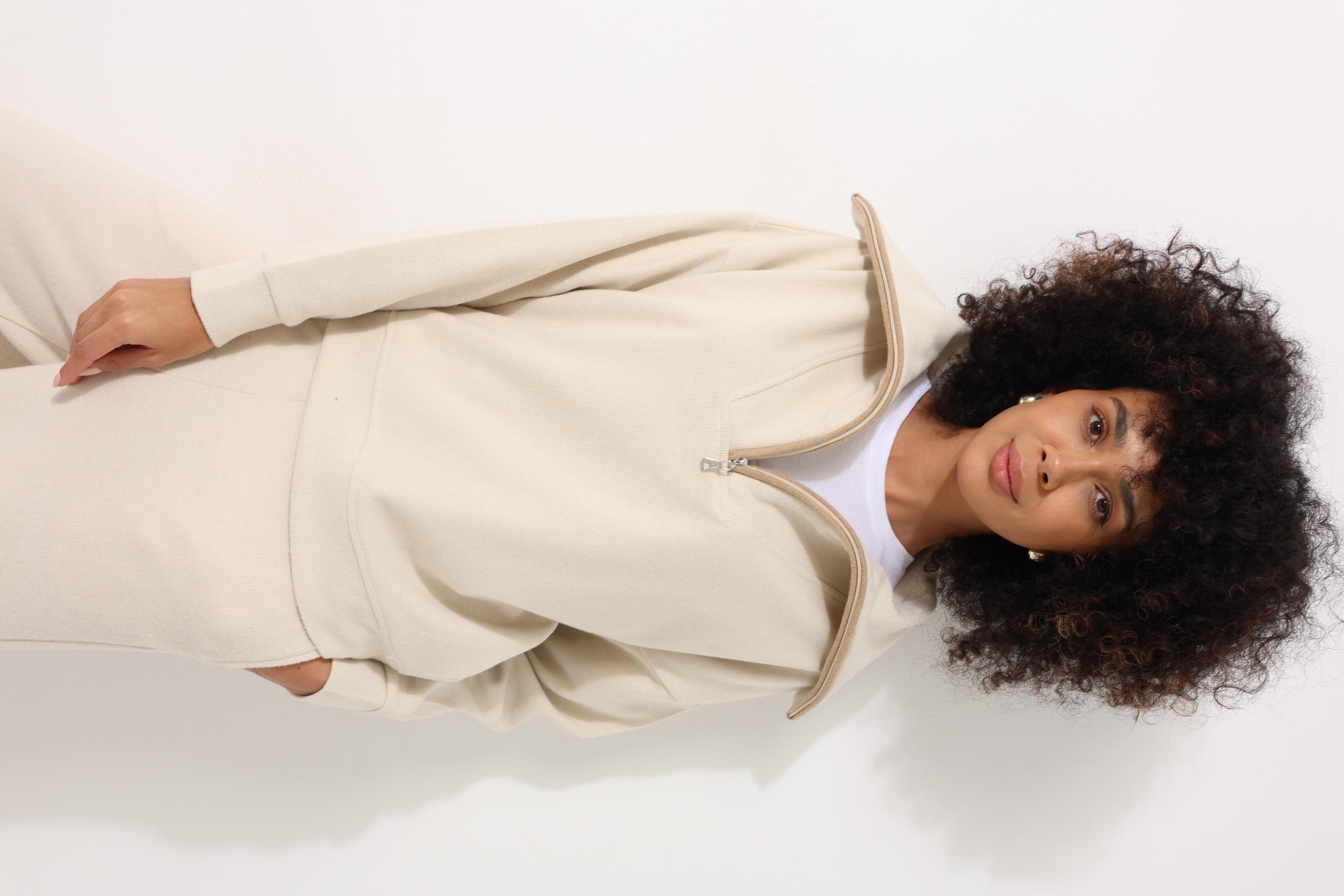 Ekru Selanik Kumaş Şal Yaka Oversize Fermuarlı Kadın Sweatshirt - 2441