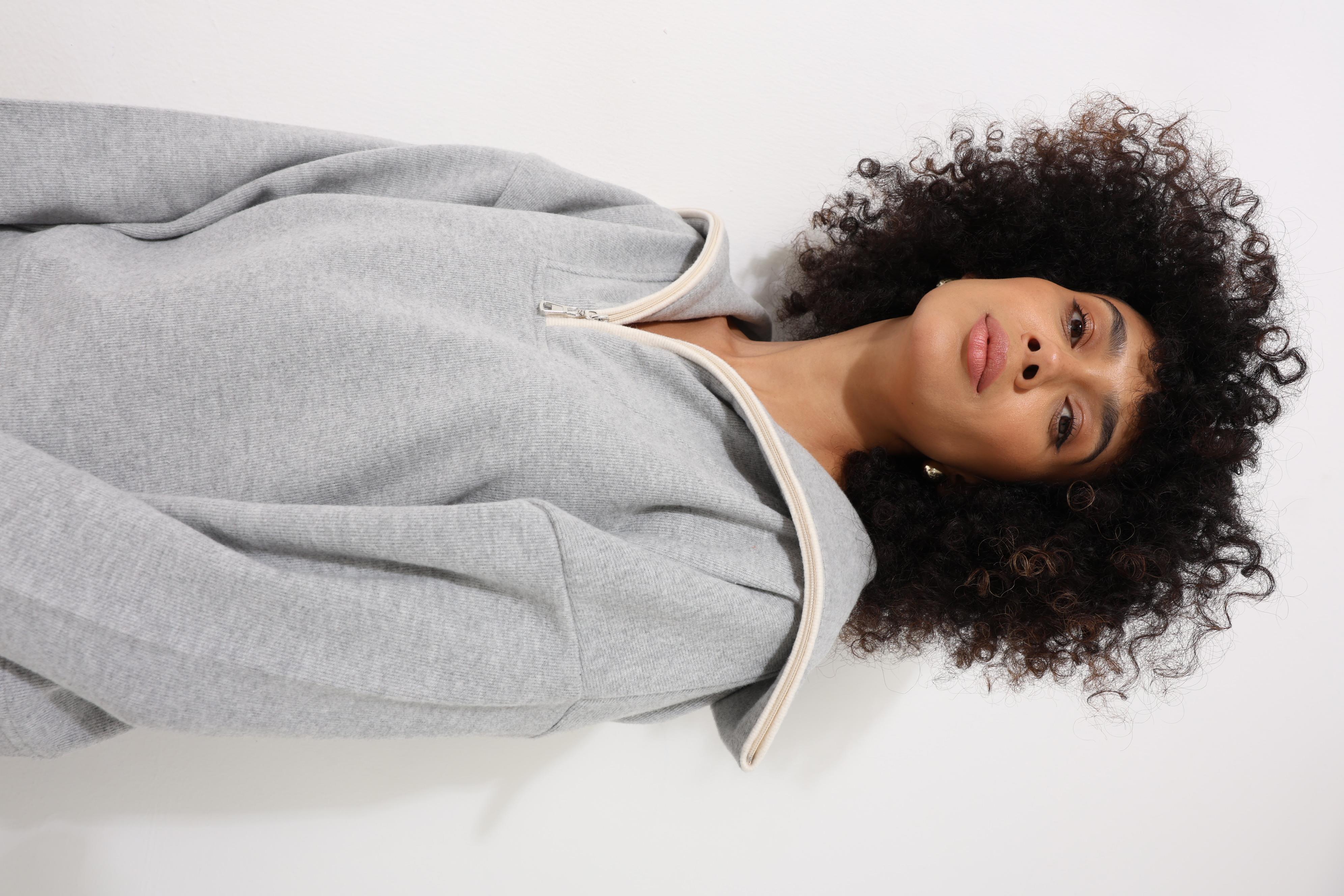 Gri Selanik Kumaş Şal Yaka Oversize Fermuarlı Kadın Sweatshirt - 2441