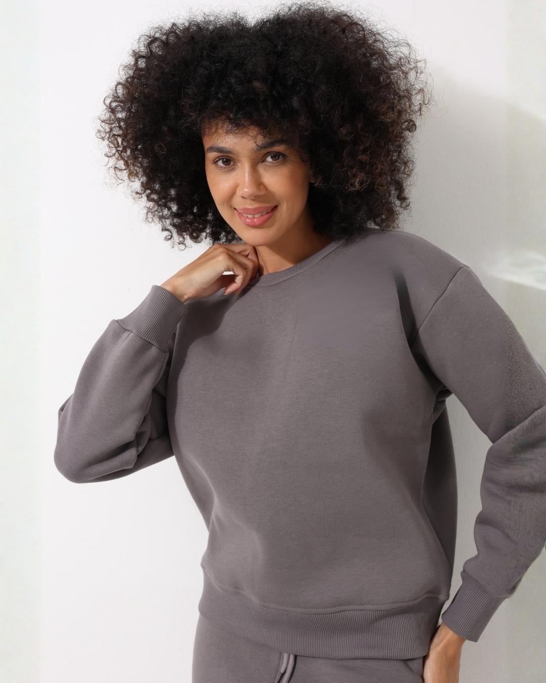 Kadın Antrasit Bisiklet Yaka Basic Sweatshirt - 2533