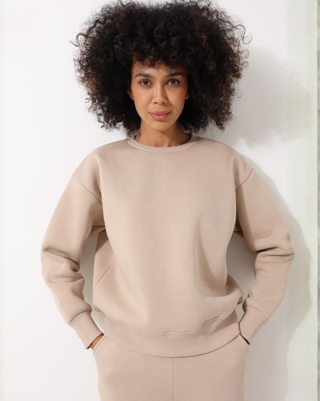 Kadın Bej Bisiklet Yaka Basic Sweatshirt - 2533