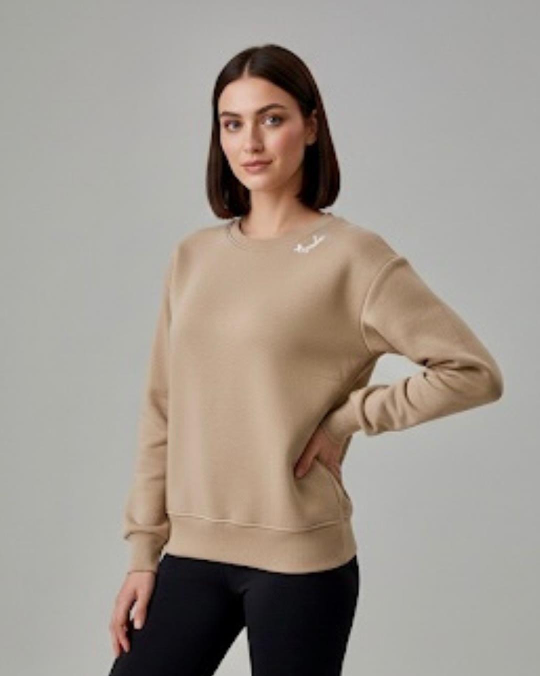 Kadın Bej Bisiklet Yaka Minimal Nakışlı Sweatshirt - 2532