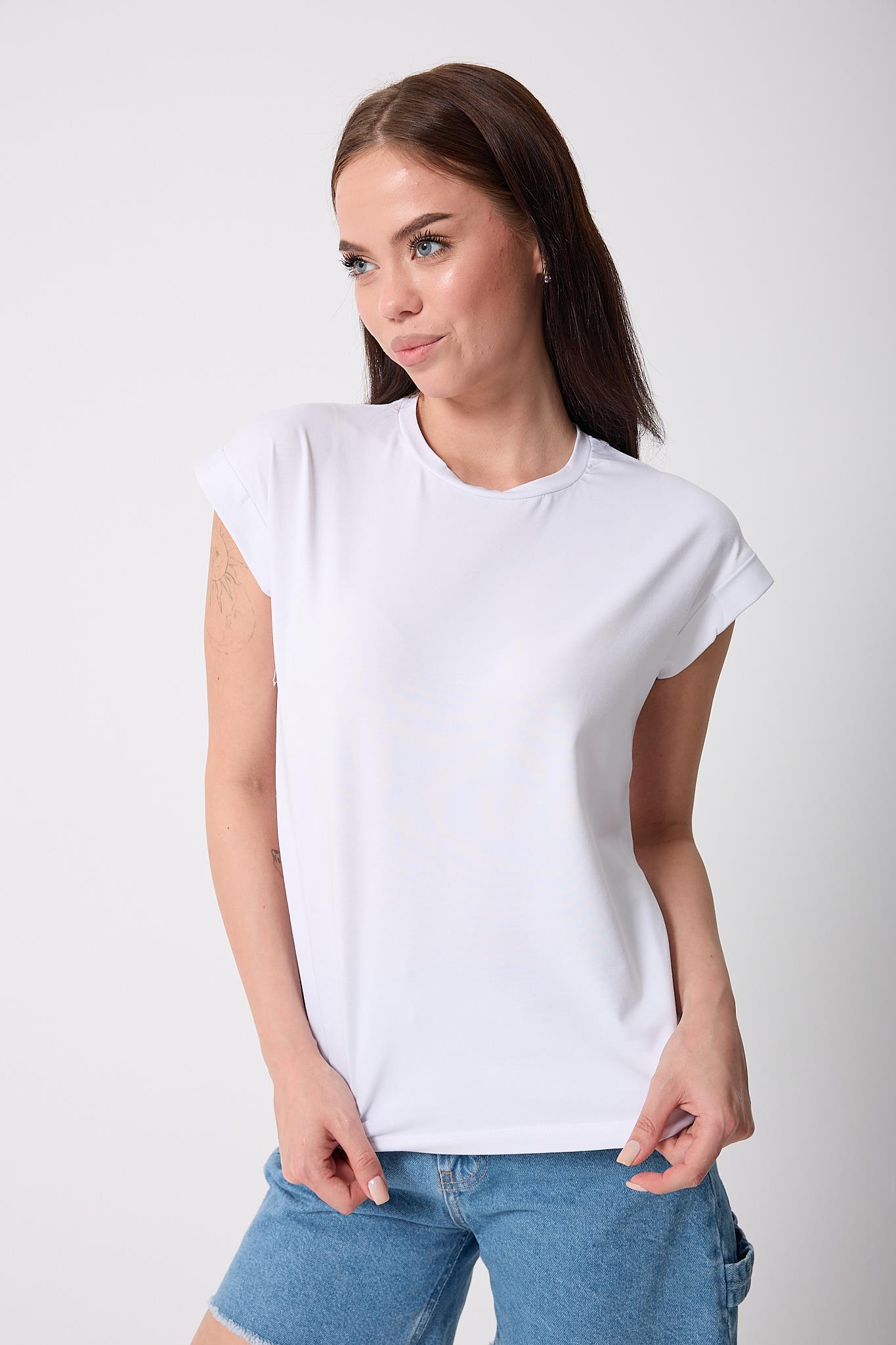 Kadın Beyaz Likralı Duble Kol Basic T-shirt - 2525