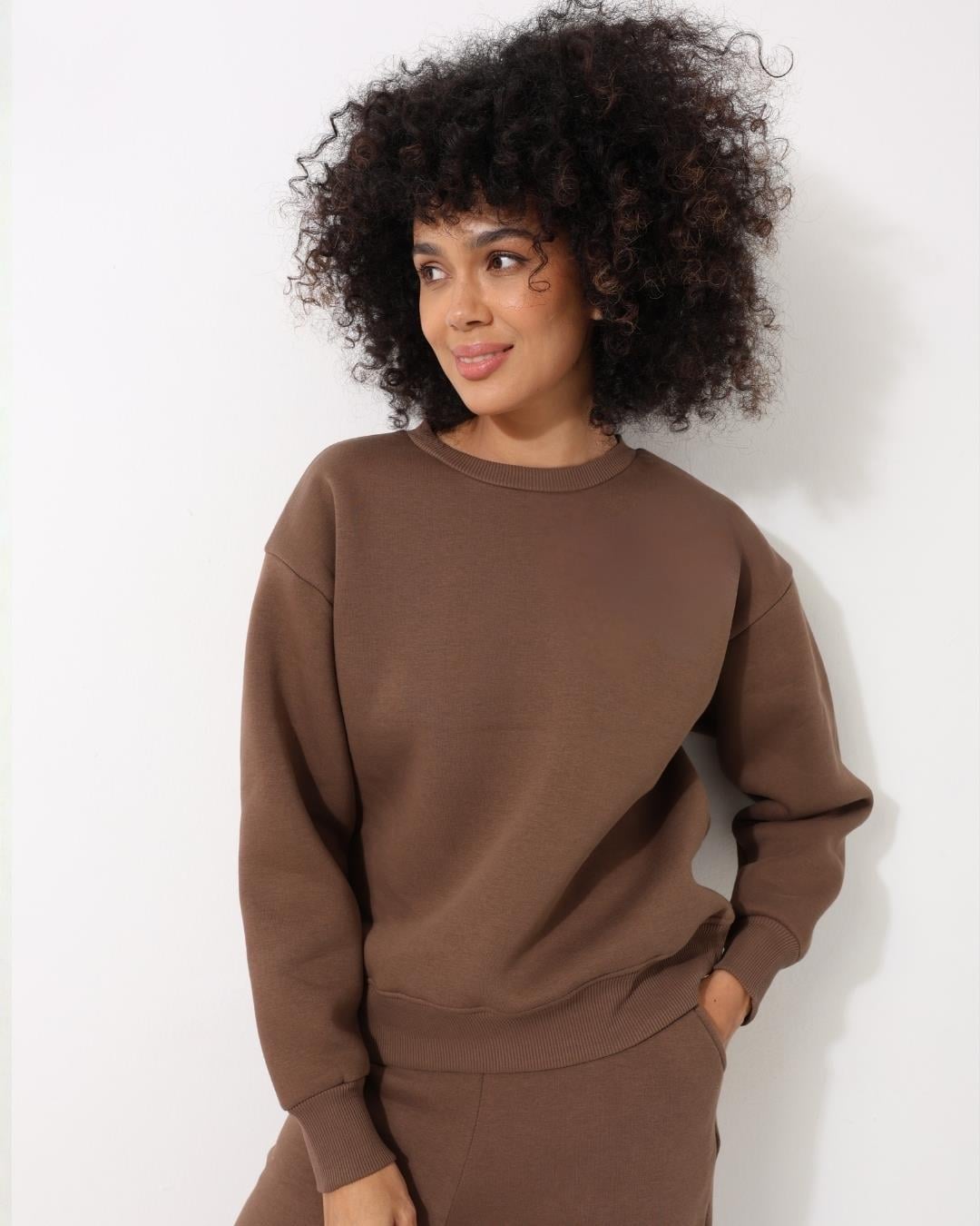 Kadın Kahverengi Bisiklet Yaka Basic Sweatshirt - 2533