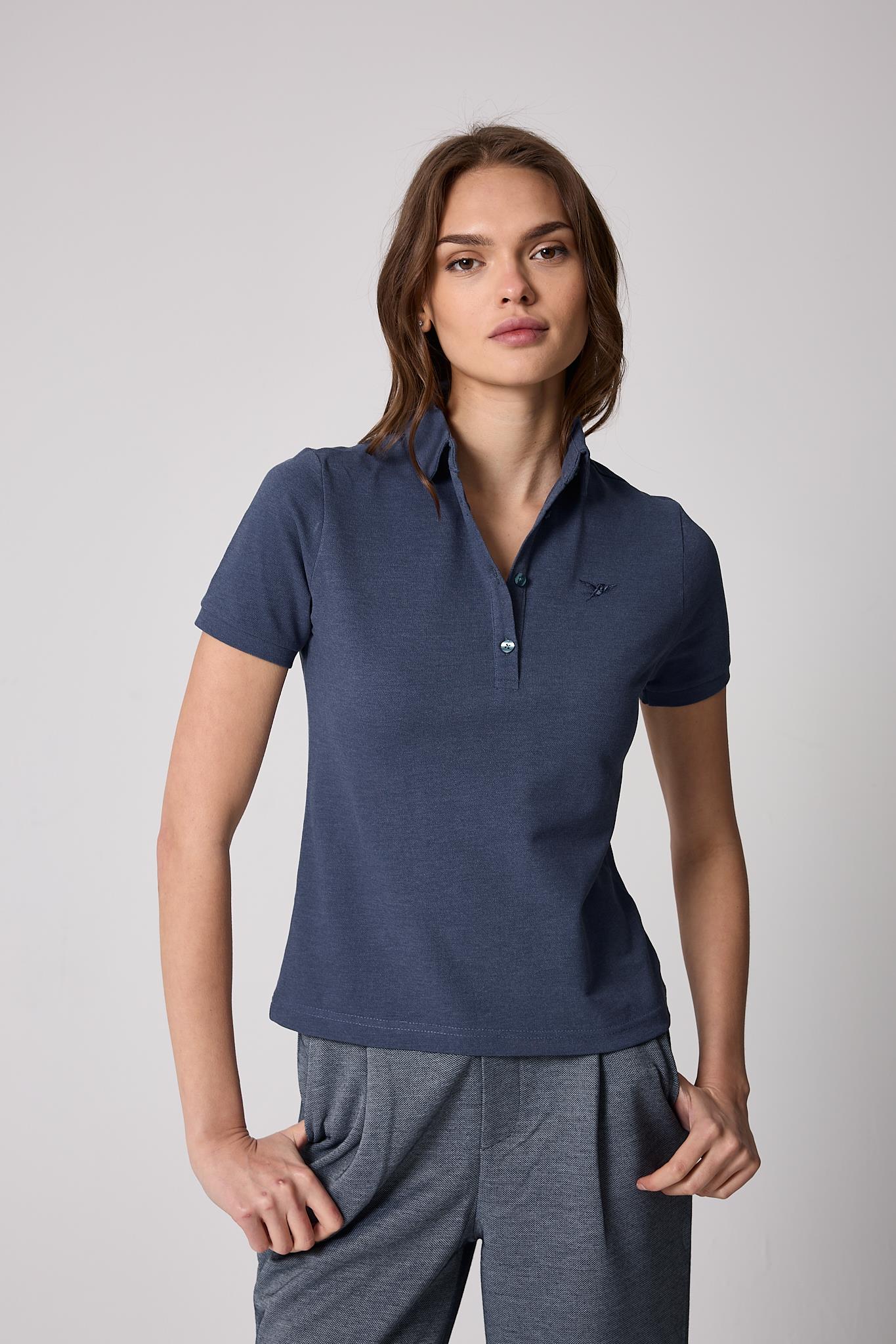 Kadın Lacivert Polo Yaka Düğmeli T-Shirt - 2519
