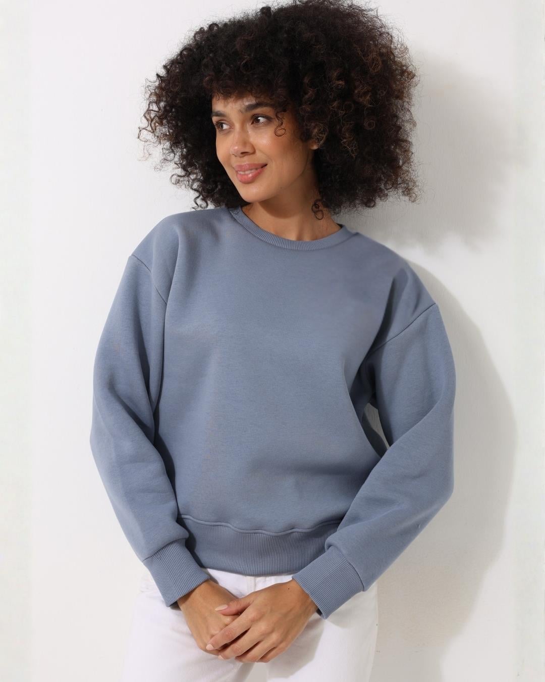 Kadın Mavi Bisiklet Yaka Basic Sweatshirt - 2533
