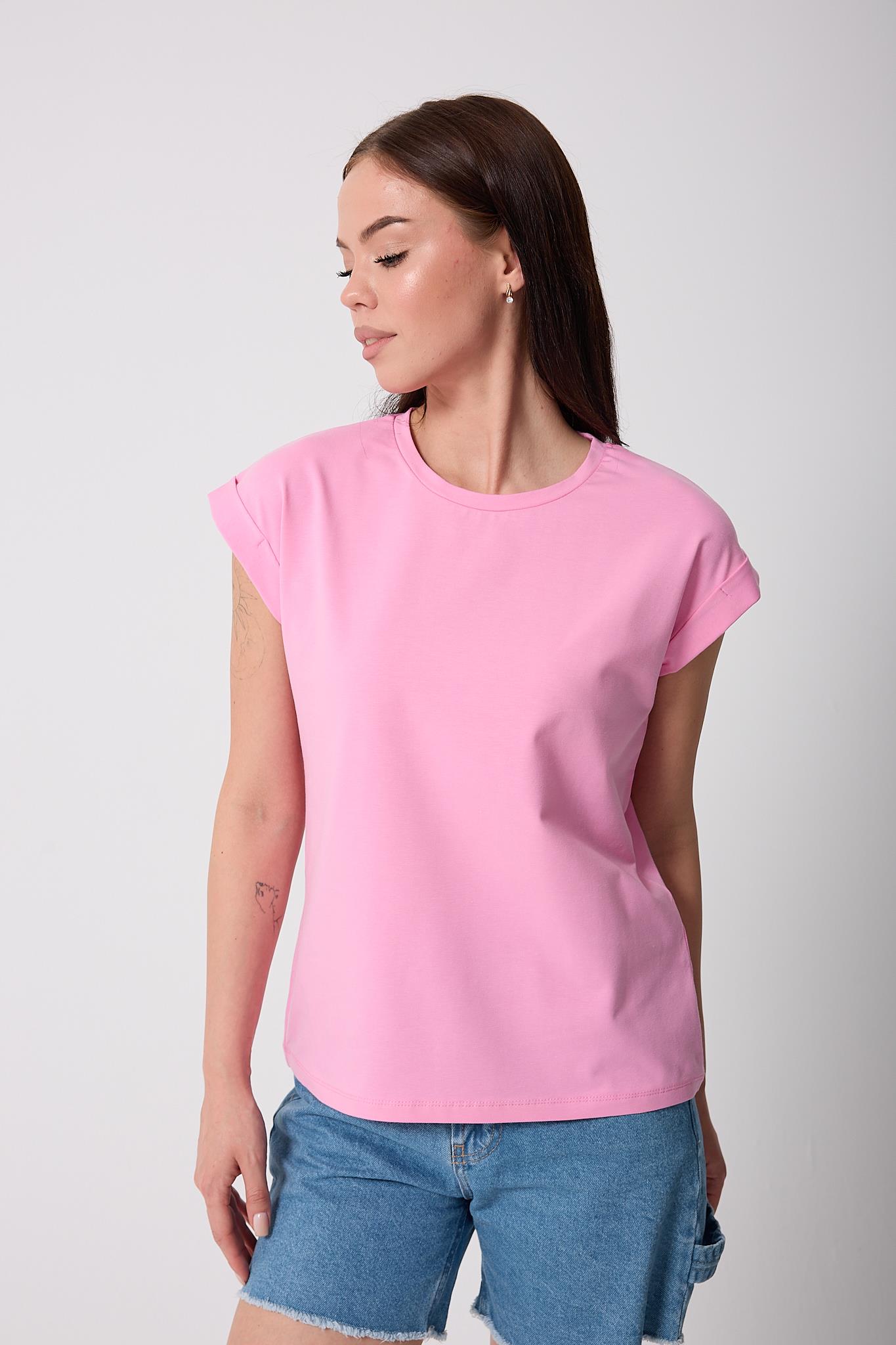 Kadın Pembe Likralı Duble Kol Basic T-shirt - 2525