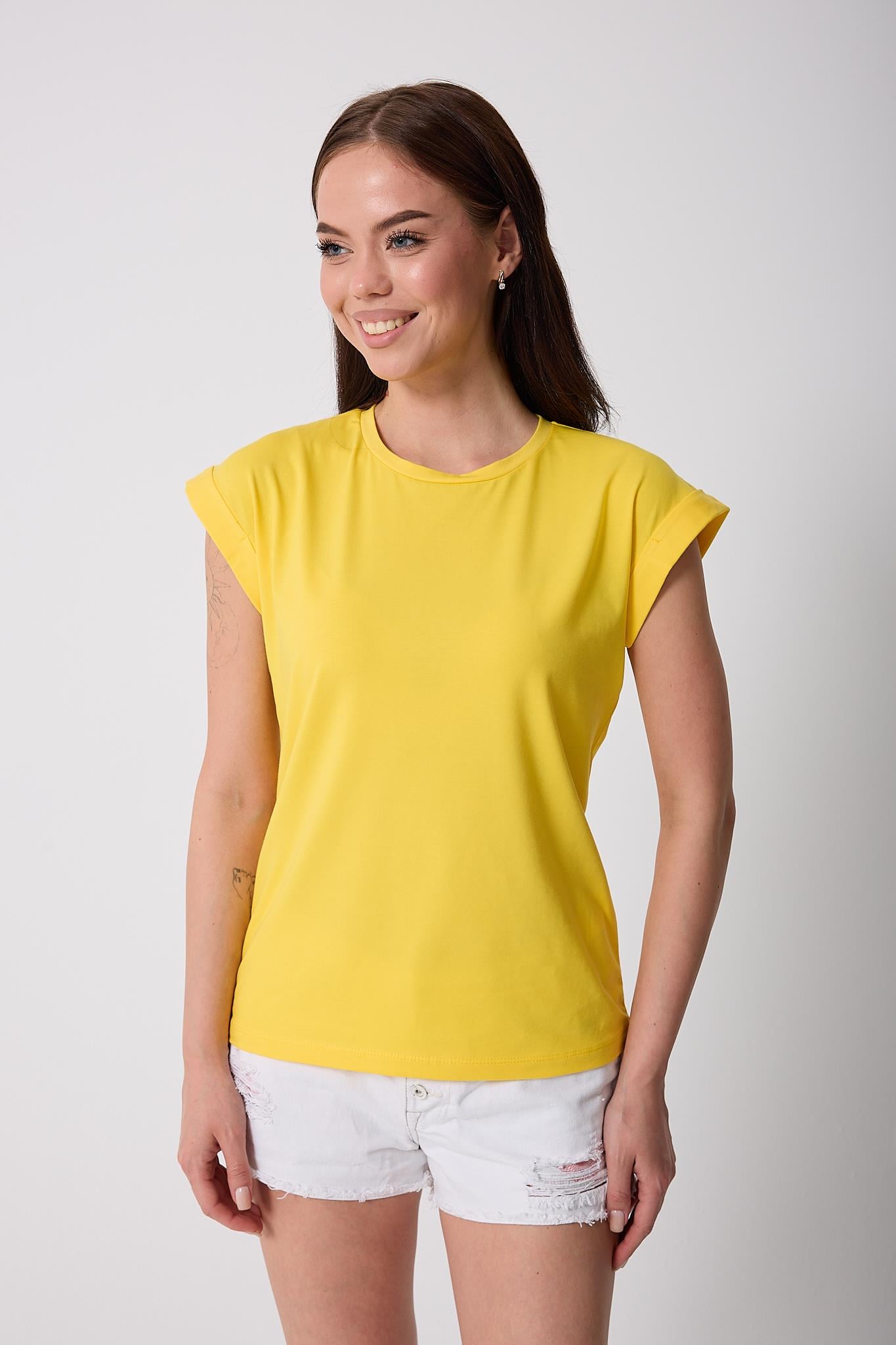 Kadın Sarı Likralı Duble Kol Basic T-shirt - 2525