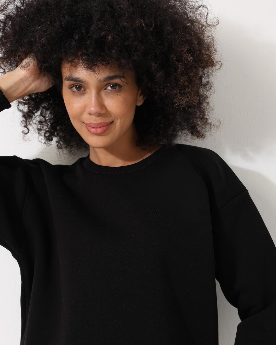 Kadın Siyah Bisiklet Yaka Basic Sweatshirt - 2533