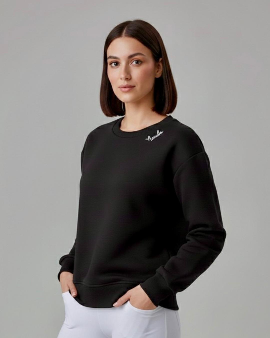 Kadın Siyah Bisiklet Yaka Minimal Nakışlı Sweatshirt - 2532