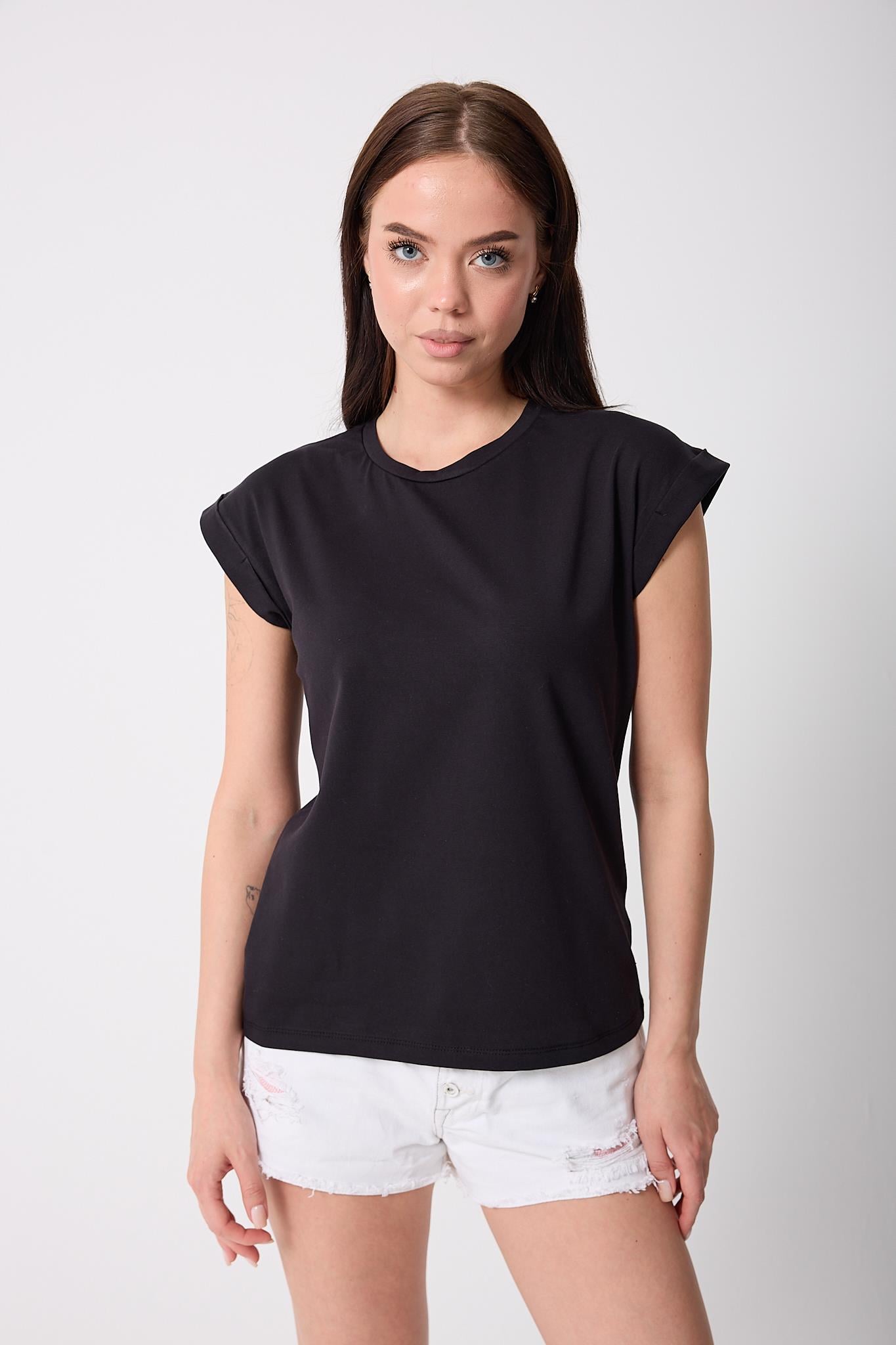 Kadın Siyah Likralı Duble Kol Basic T-shirt - 2525