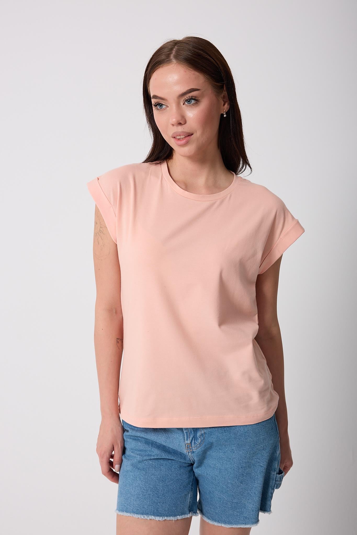 Kadın Somon Likralı Duble Kol Basic T-shirt - 2525