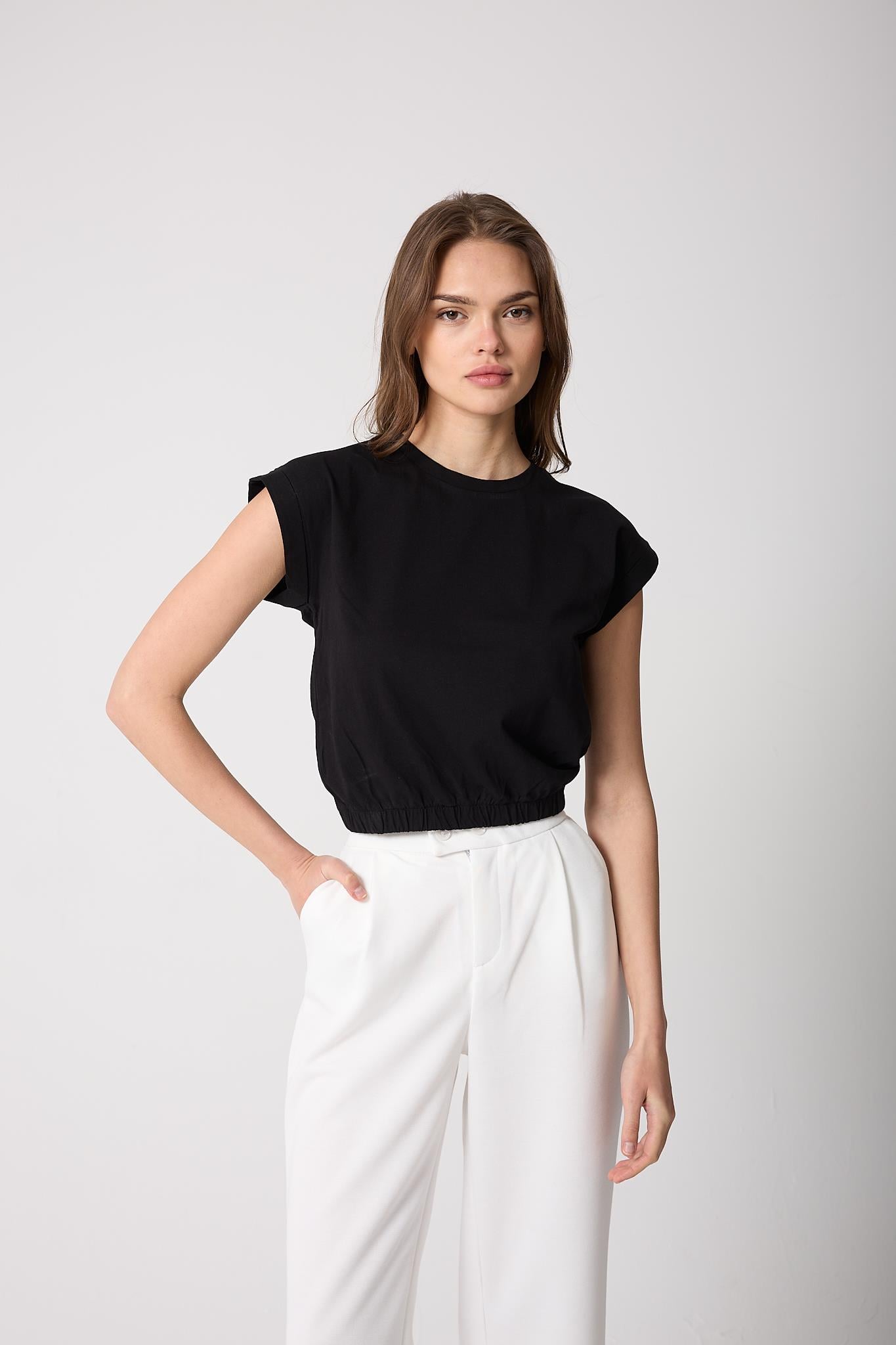 Kadın T-Shirt Beli Lastikli Duble Kol Bisiklet Yaka Siyah Basic - 2501