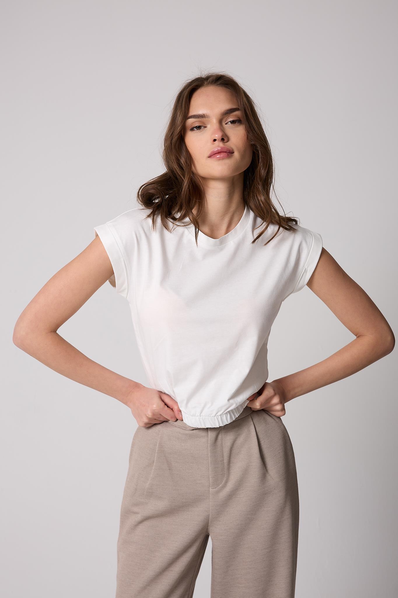 Kadın T-Shirt Beli Lastikli Duble Kol Bisiklet Yaka Beyaz Basic - 2501