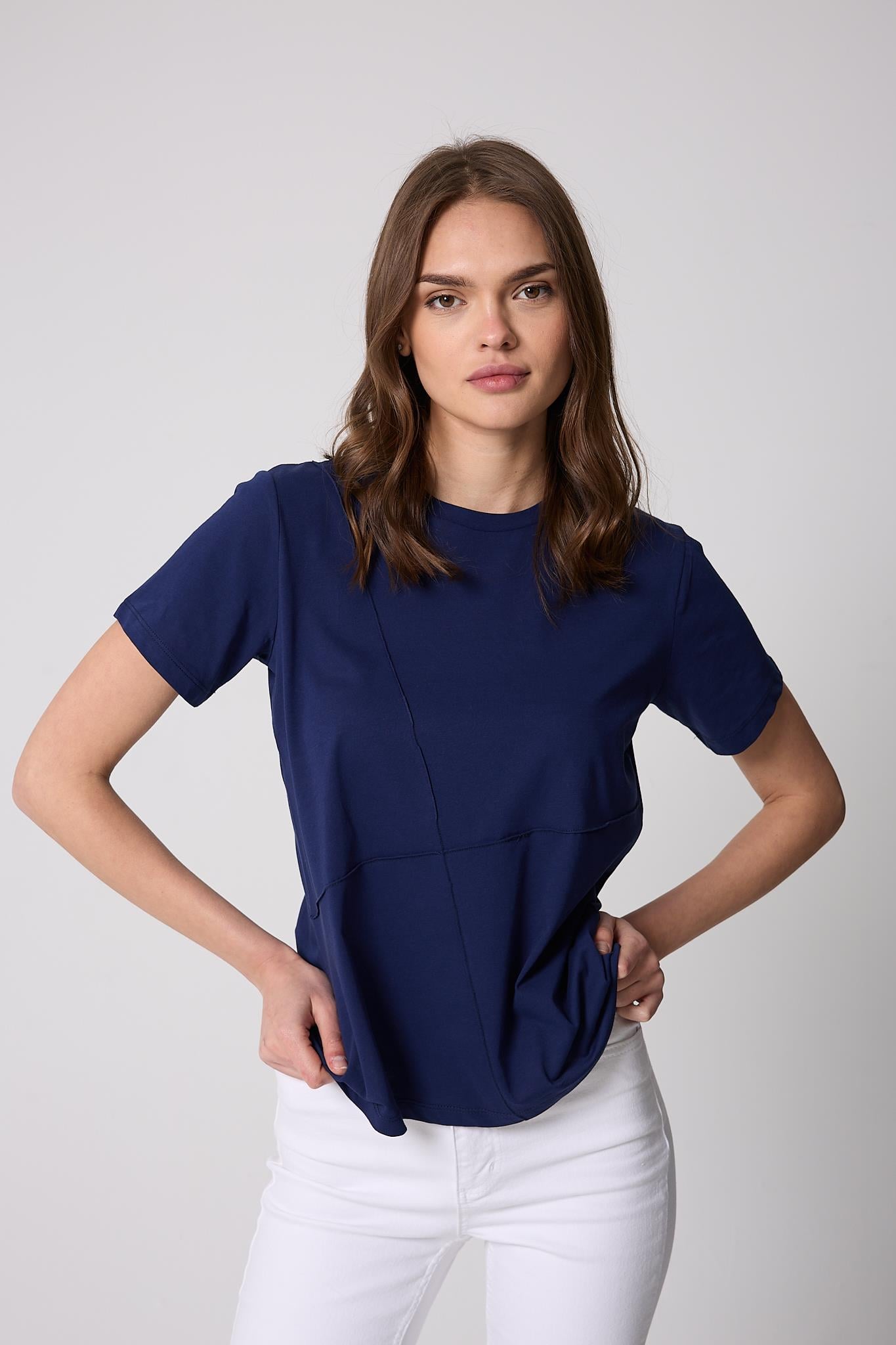 Kadın T-Shirt Lacivert Parçalı Dikiş Detaylı Regular Fit Basic - 2509