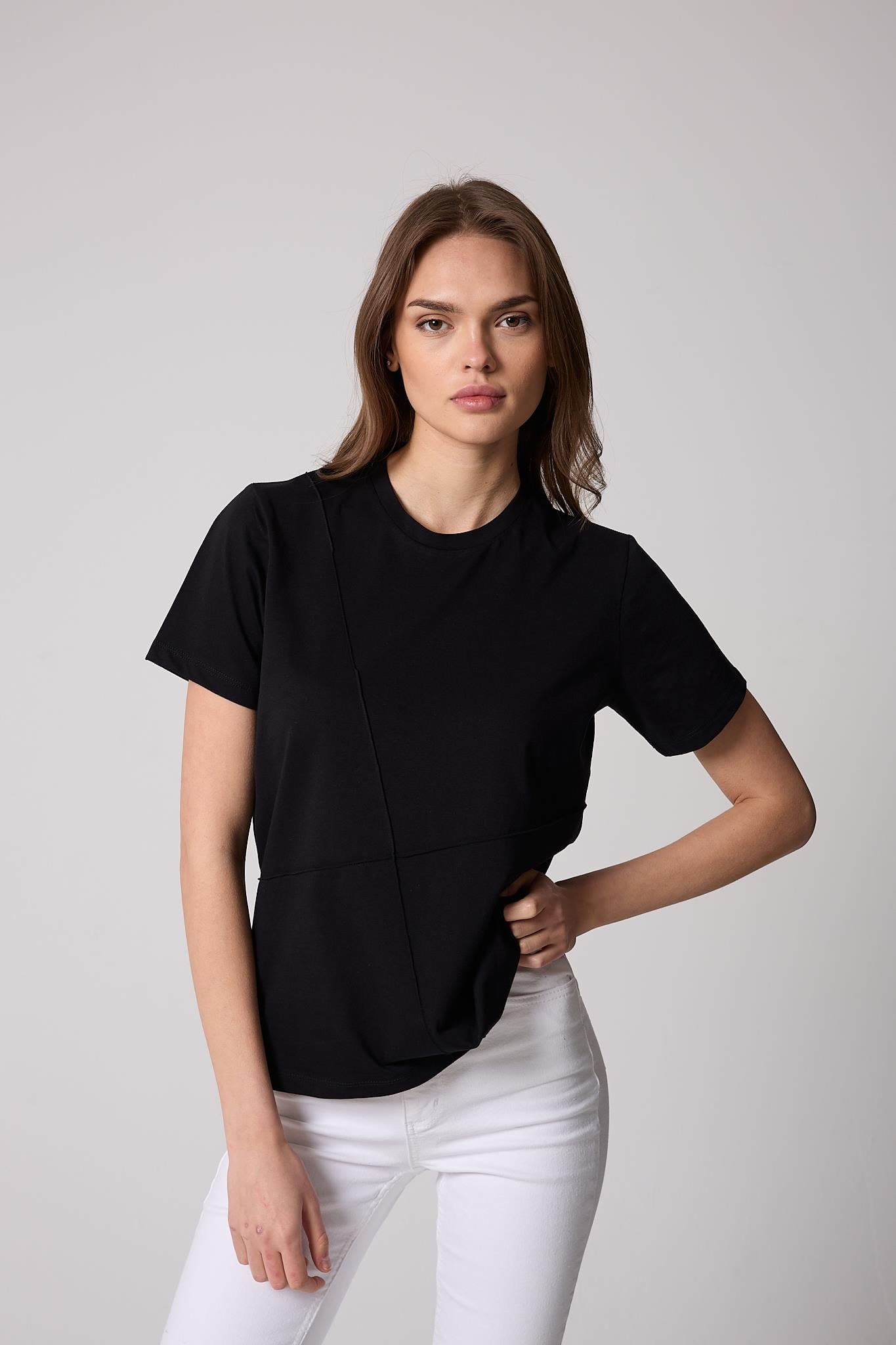 Kadın T-Shirt Siyah Parçalı Dikiş Detaylı Regular Fit Basic - 2509