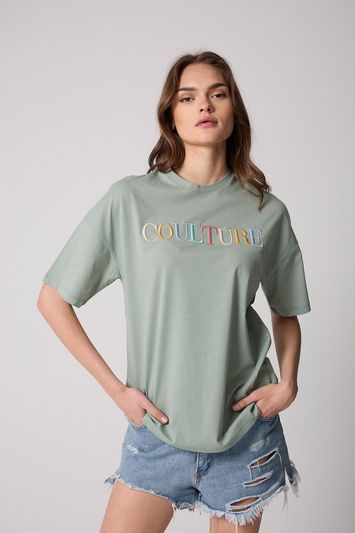 Kadın T-Shirt Yeşil Culture Nakışlı Oversize Basic - 2508