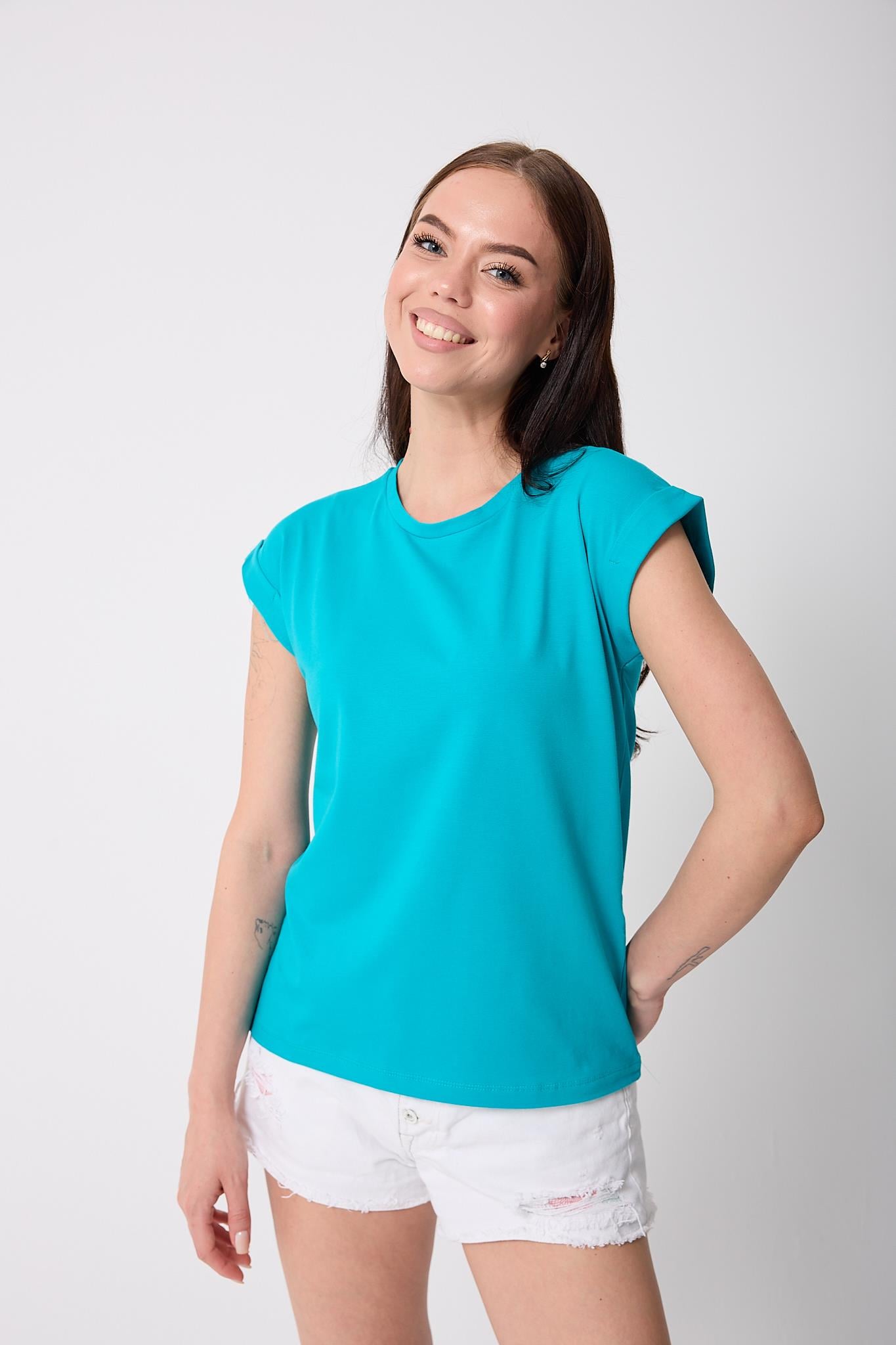Kadın Turkuaz Likralı Duble Kol Basic T-shirt - 2525