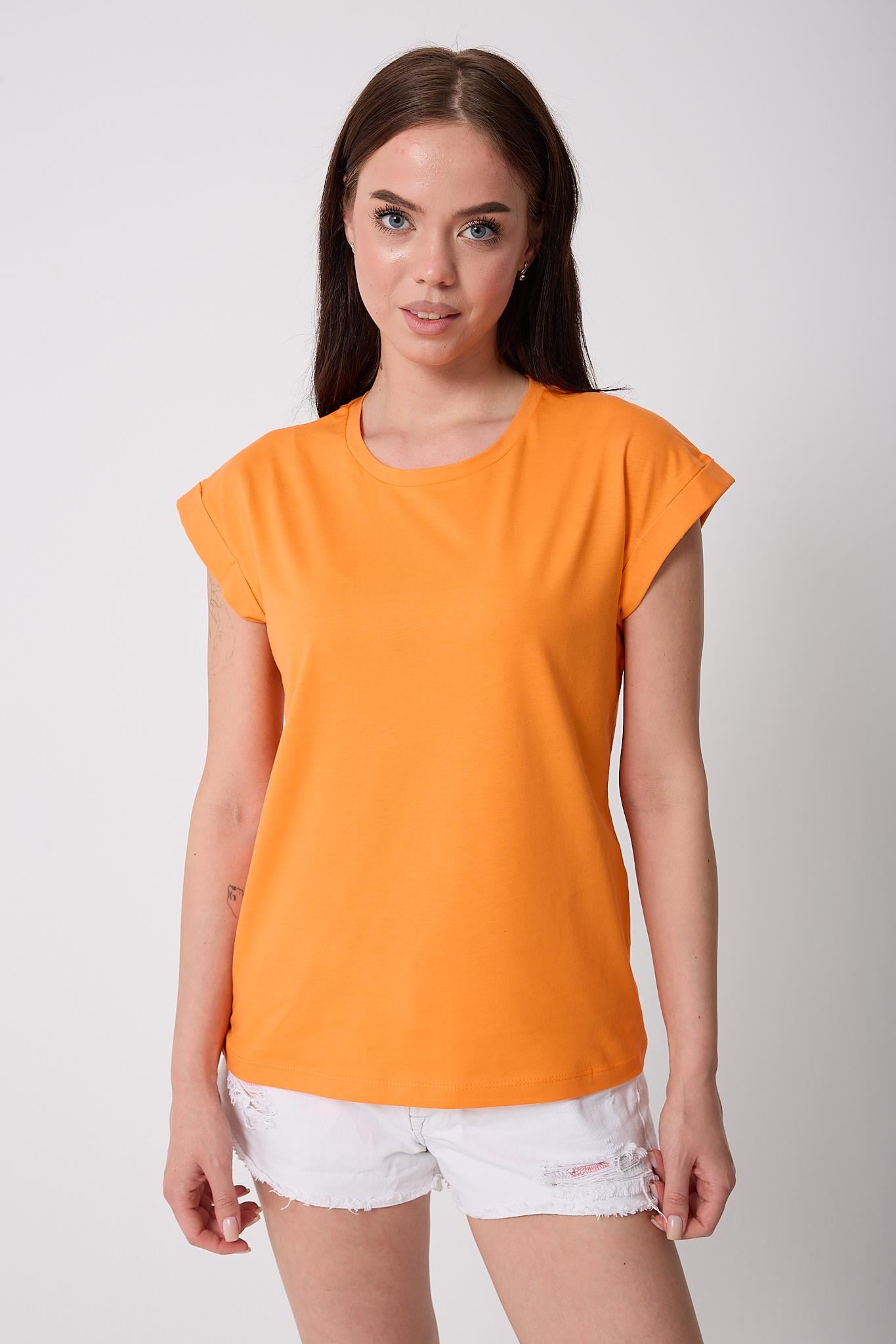 Kadın Turuncu Likralı Duble Kol Basic T-shirt - 2525