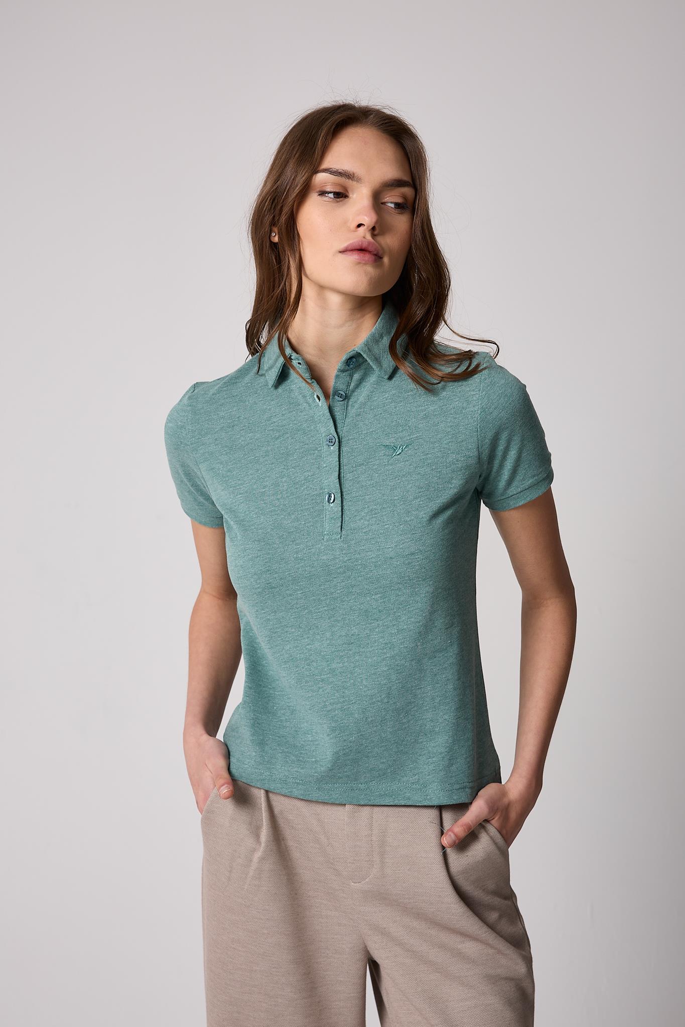 Kadın Yeşil Polo Yaka Düğmeli T-Shirt - 2519