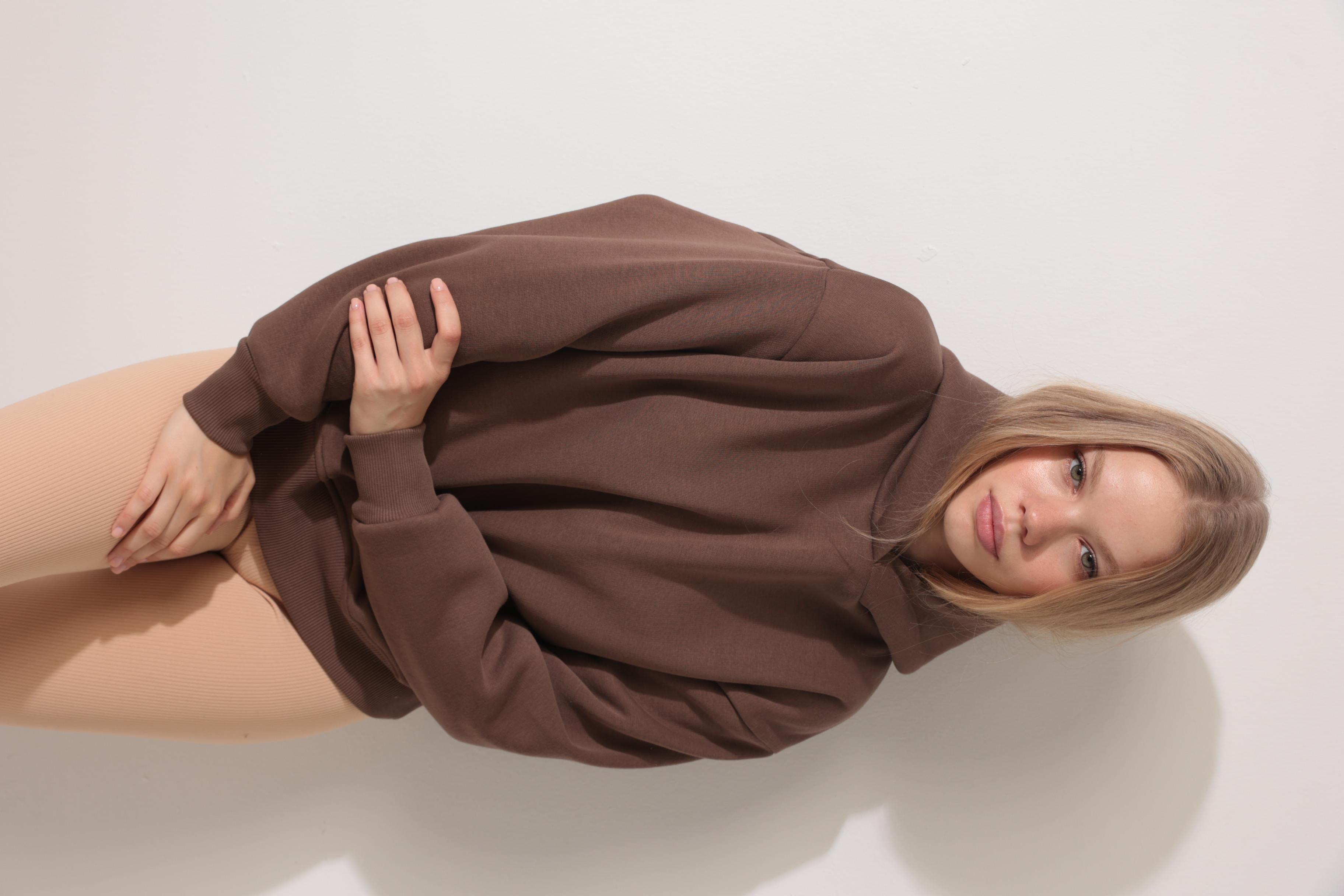 Kahverengi Sırtı Etnik Nakış İşlemeli Bisiklet Yaka Sweatshirt - 2435
