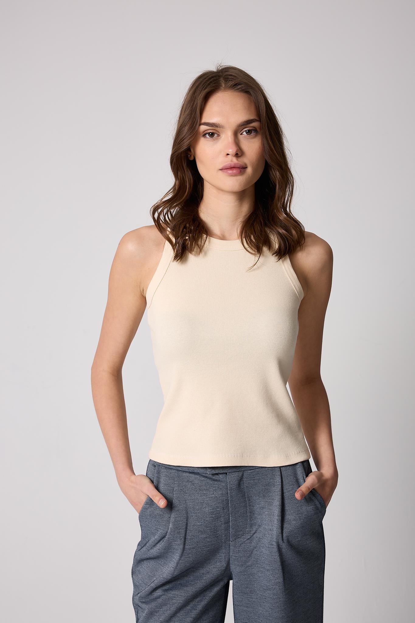 Krem Rengi Halter Yaka Fitilli Görünümlü Kadın Atlet - 2502
