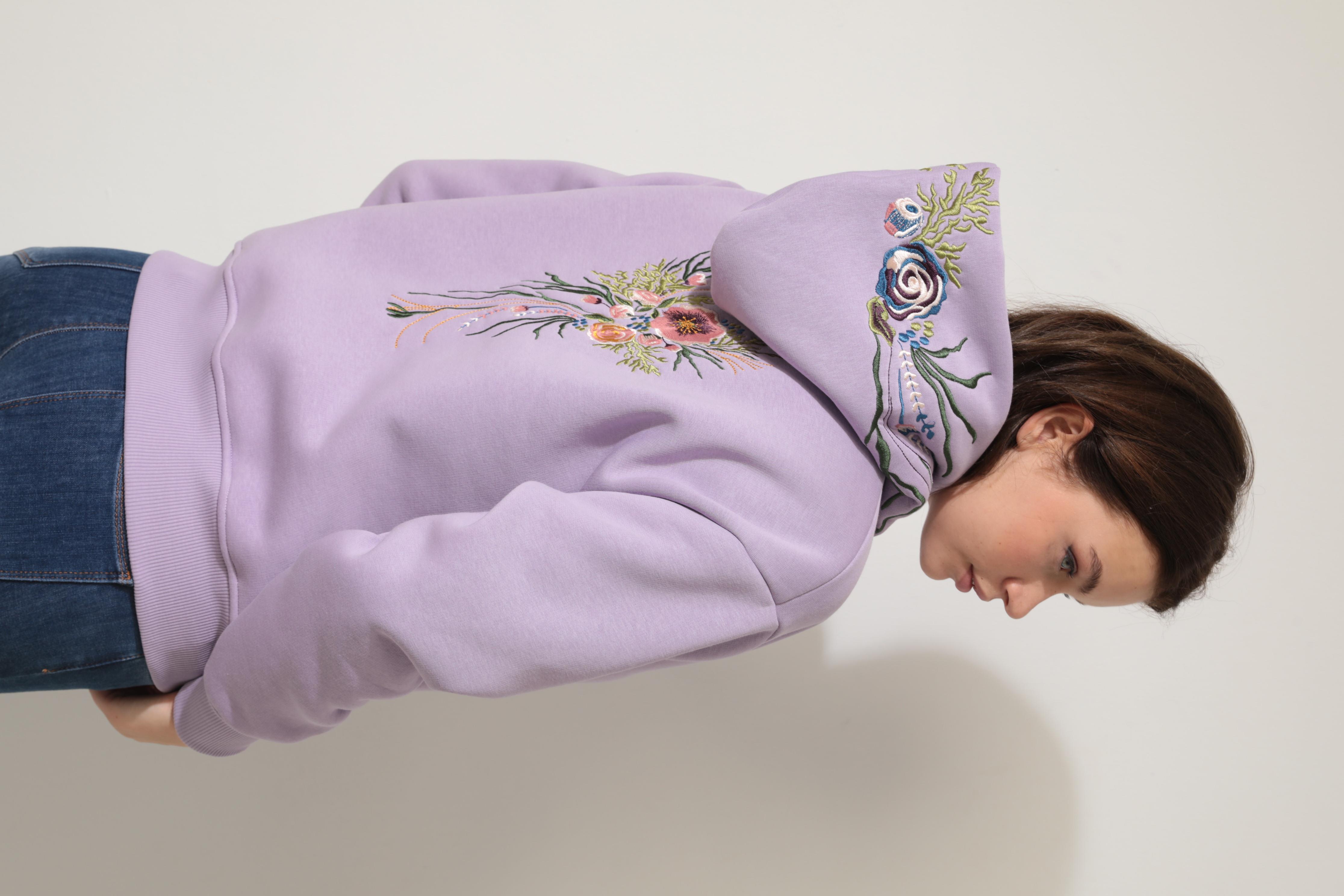 Lila Sırtı ve Kapüşonu Gül Dalı Nakışlı Kapüşonlu Sweatshirt - 2430