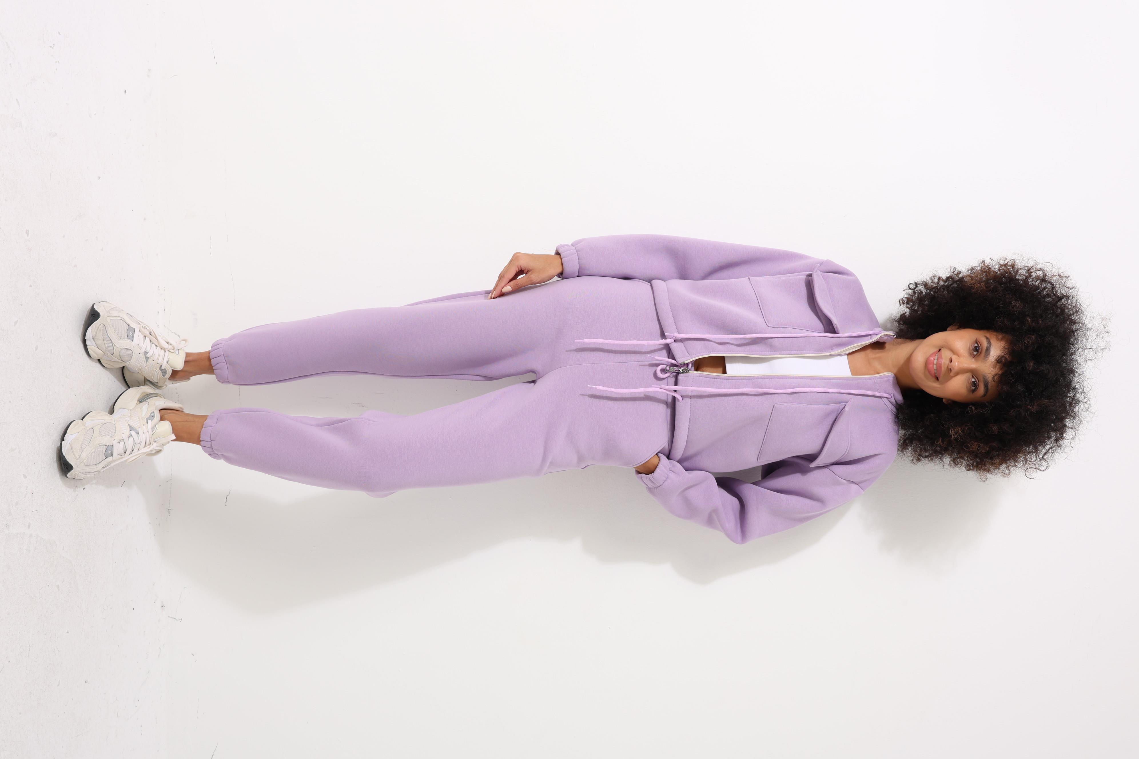 Lila Yüksek Yaka Crop Ceketli Jogger Pantolonlu Kadın Eşofman İkili Takım - 2455