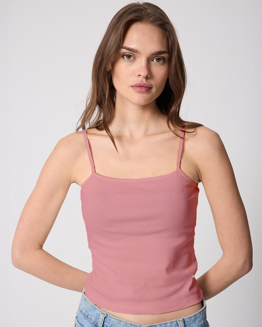 Pembe Kadın Ince Ip Askılı Basic Crop Atlet -2466