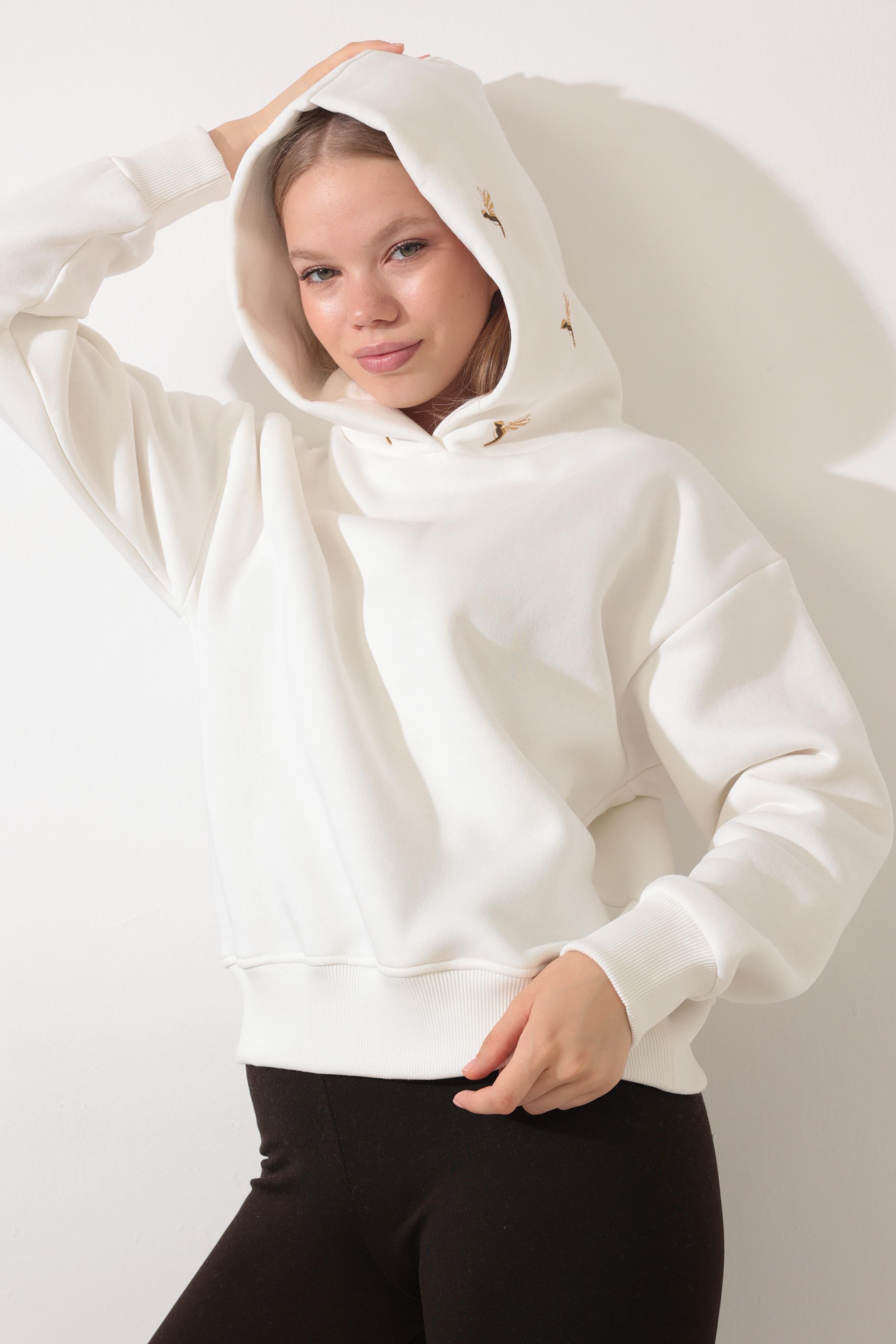 Sırtı ve Kapüşonu Ankakuşu Nakış İşlemeli Kapüşonlu Sweatshirt - 2437