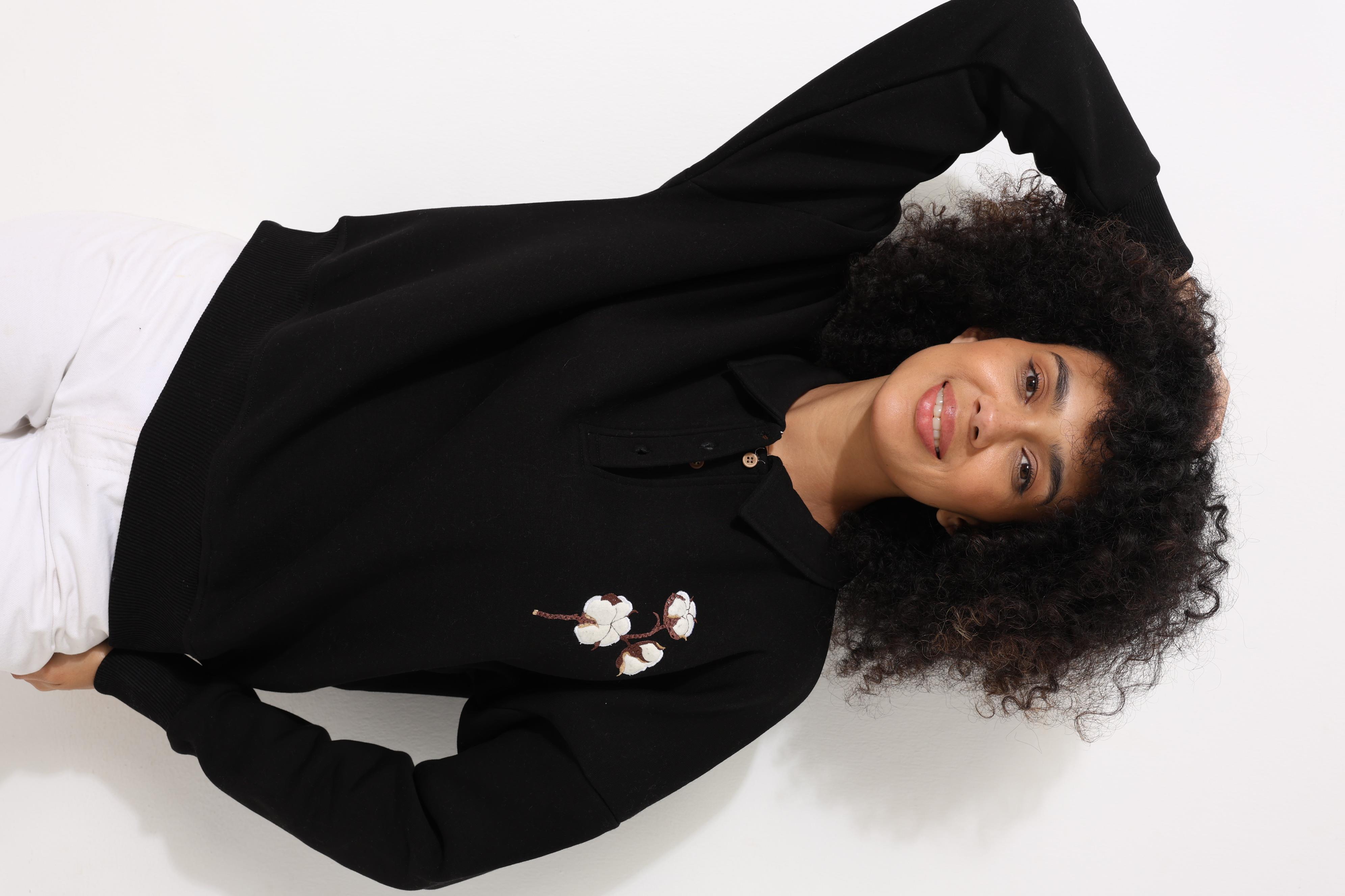 Siyah Kadın Polo Yaka Göğsü Pamuk Dalı Nakış İşlemeli Oversize Sweatshirt - 2452