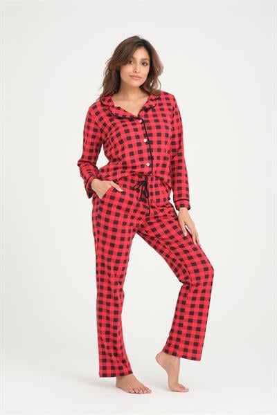 Desenli Pamuklu Örme Pijama Takımı - Kırmızı Siyah Ekose
