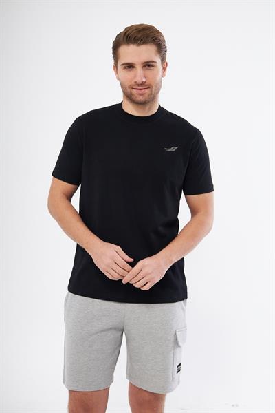 Erkek Bisiklet Yaka Logo Baskılı Pamuklu Basic T-shirt - Siyah