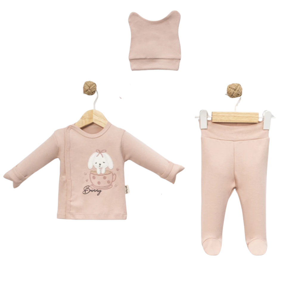 Babycan Fiyonk Tavşan Nakışlı Şapkalı Takım