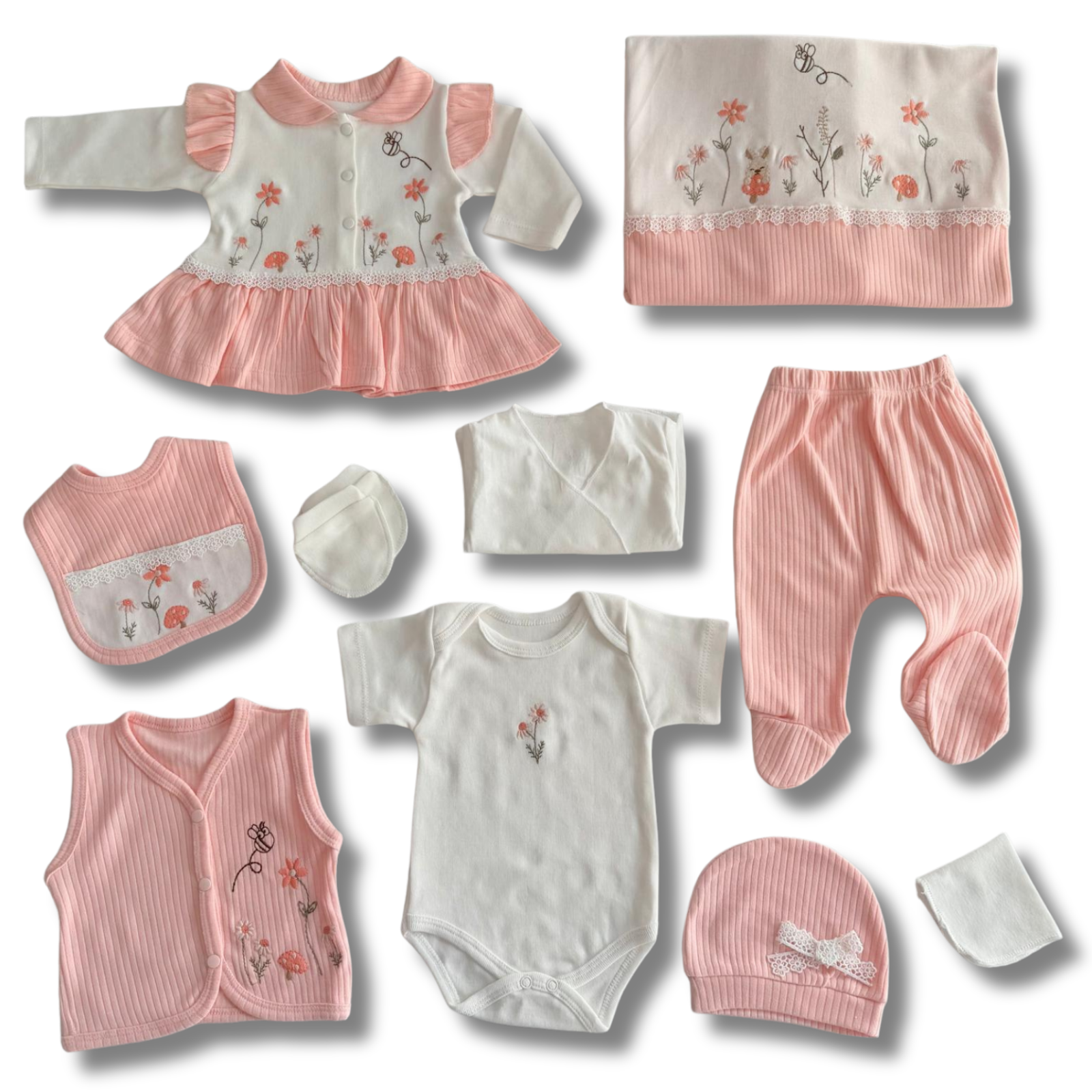 Çiçek Desenli Kız Bebek Hastane Çıkışı – 10 Parça Set