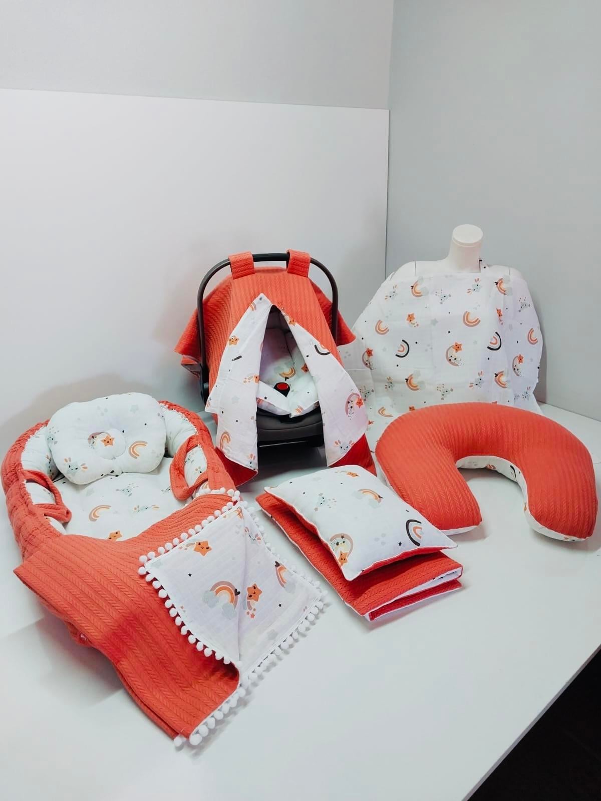 Kiremit Örgü Pikeli Müslin Çift Taraflı Kullanım 9 Parça Babynest Seti