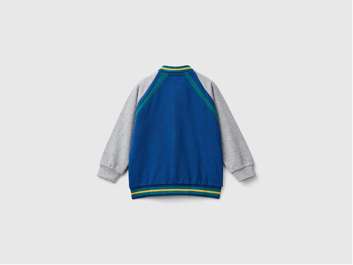 United Colors of Benetton Erkek Çocuk Saks Mavi Kontrast Detaylı Önü Çıtçıt Kapamalı Reglan Kol Bomber Sweatshirt